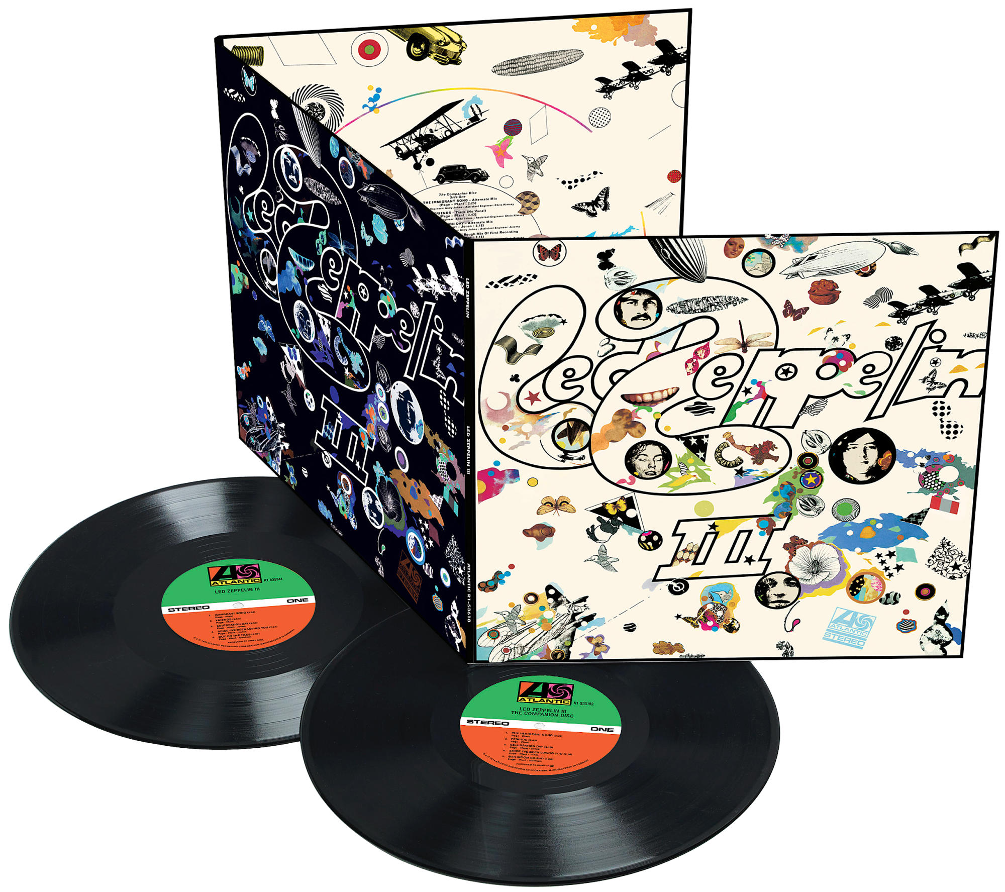 Zwei Schallplatten mit geöffnetem Led Zeppelin Albumcover.