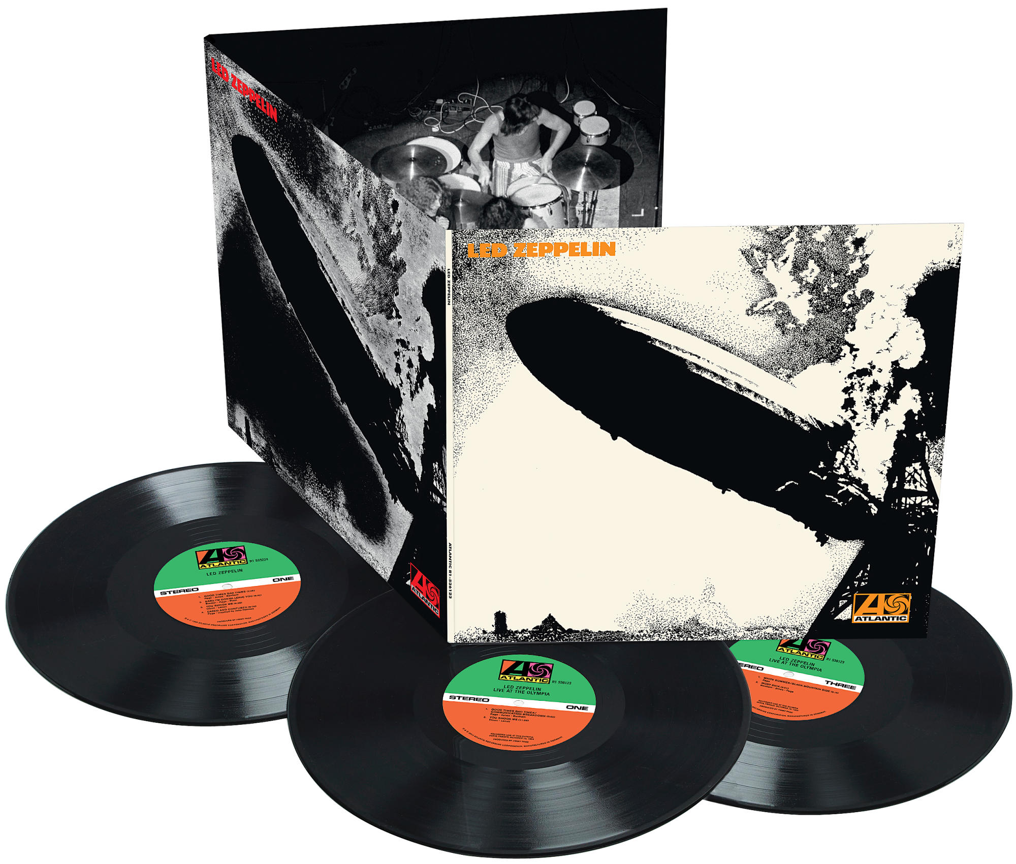 Led Zeppelin Albumcover. Schwarz-Weiß-Bild der Band beim Spielen und eine Zeppelin-Grafik.