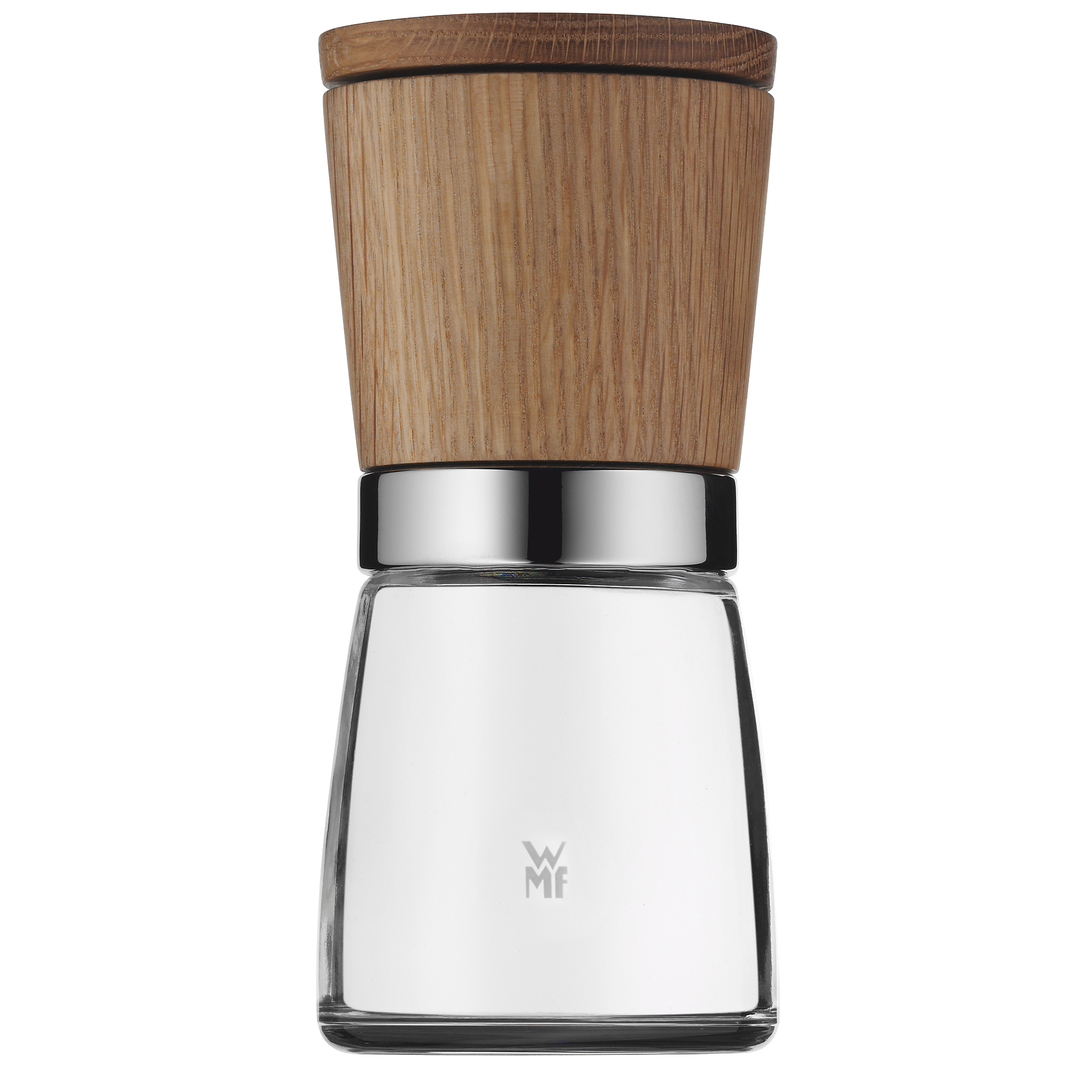Ein Glas-Gewürzschleifer mit Holzaufsatz und Edelstahlband.