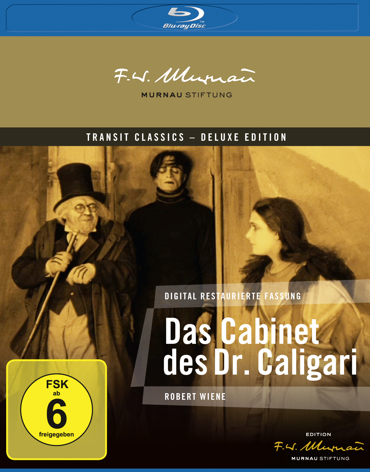 Blu-ray-Cover mit drei Schauspielern, betitelt Das Cabinet des Dr. Caligari, mit klassischer Filmästhetik.