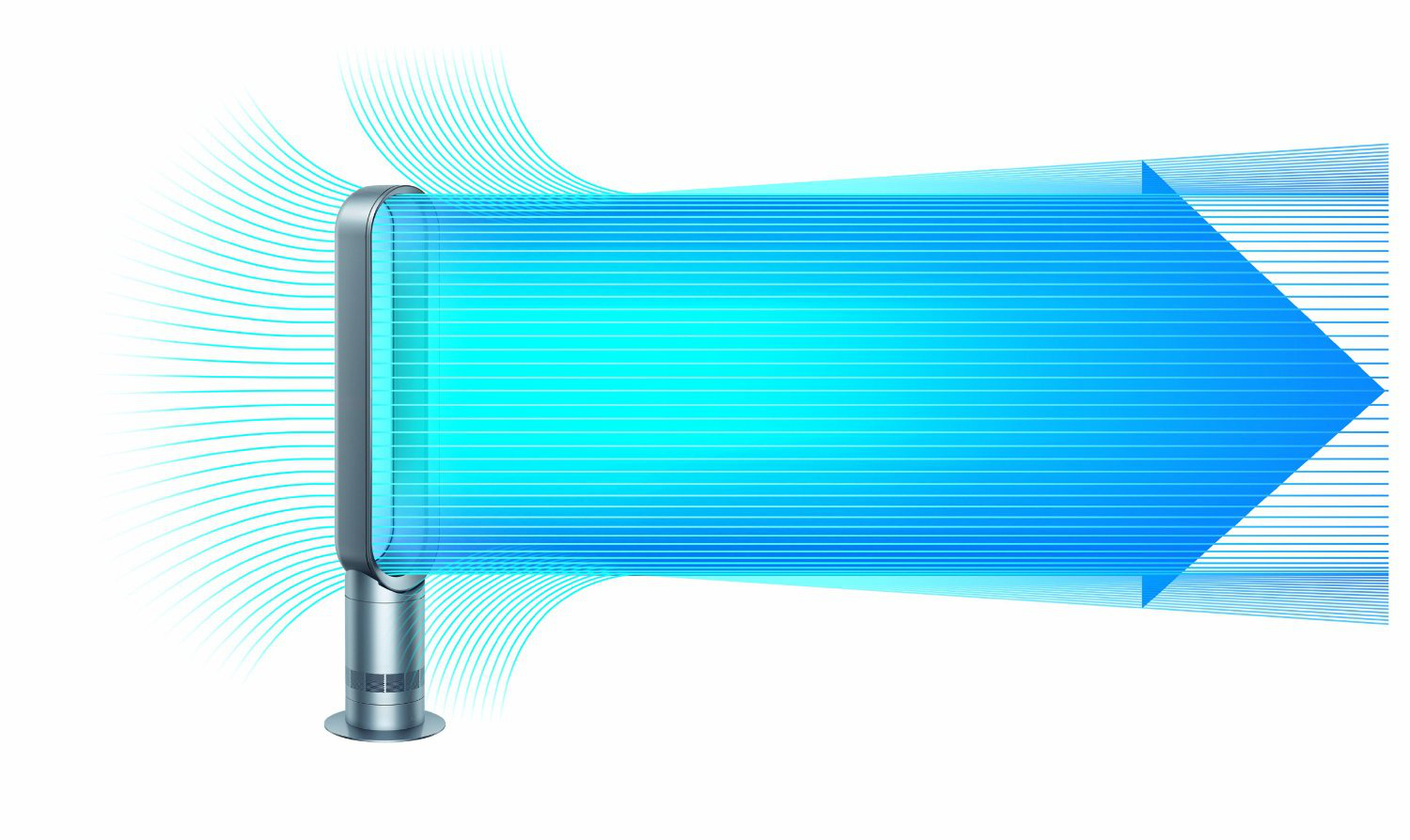 Ein silberner Dyson-Lüfter mit einem blauen Luftstromdesign.
