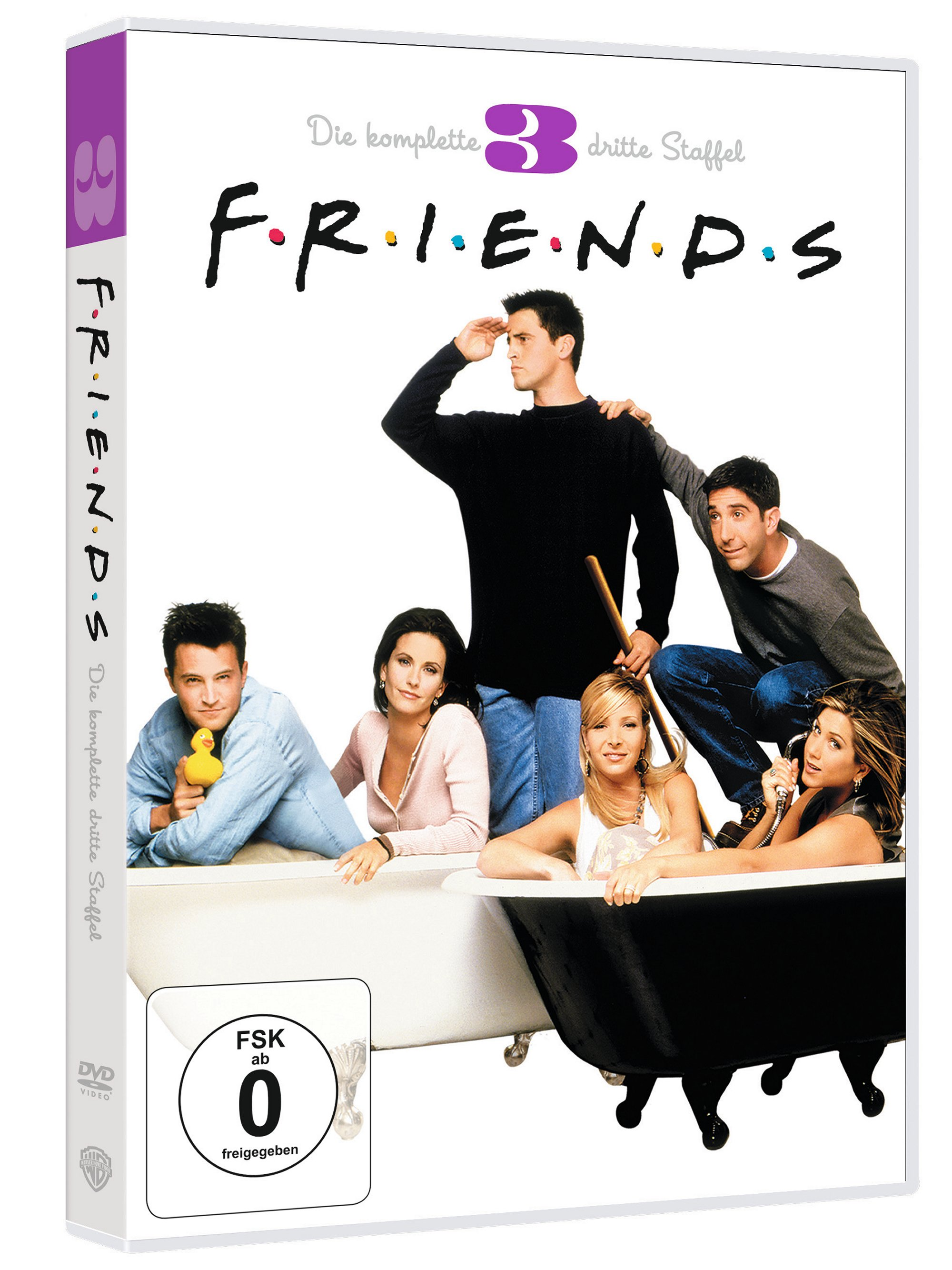 DVD-Cover von 'Friends' mit der Besetzung in einer Badewanne und Text.