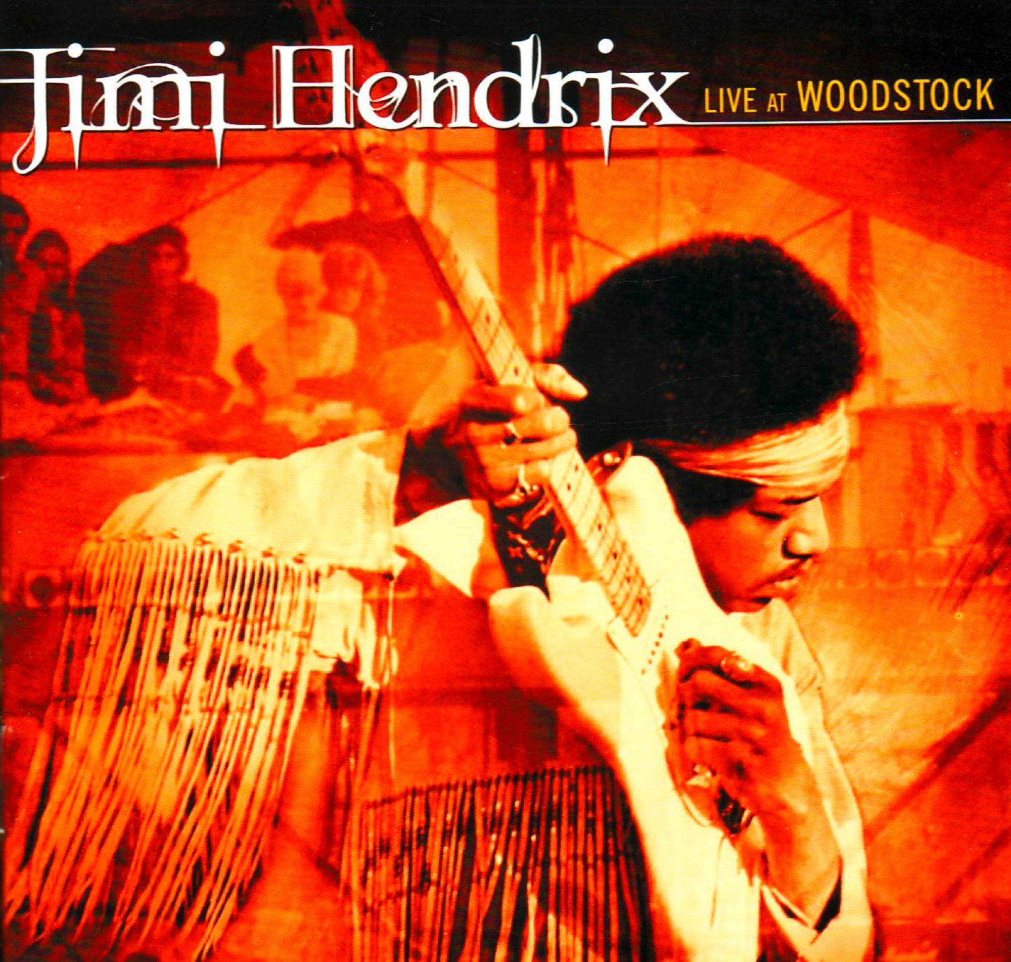 Albumcover: Jimi Hendrix spielt Gitarre, roter Hintergrund und Text.