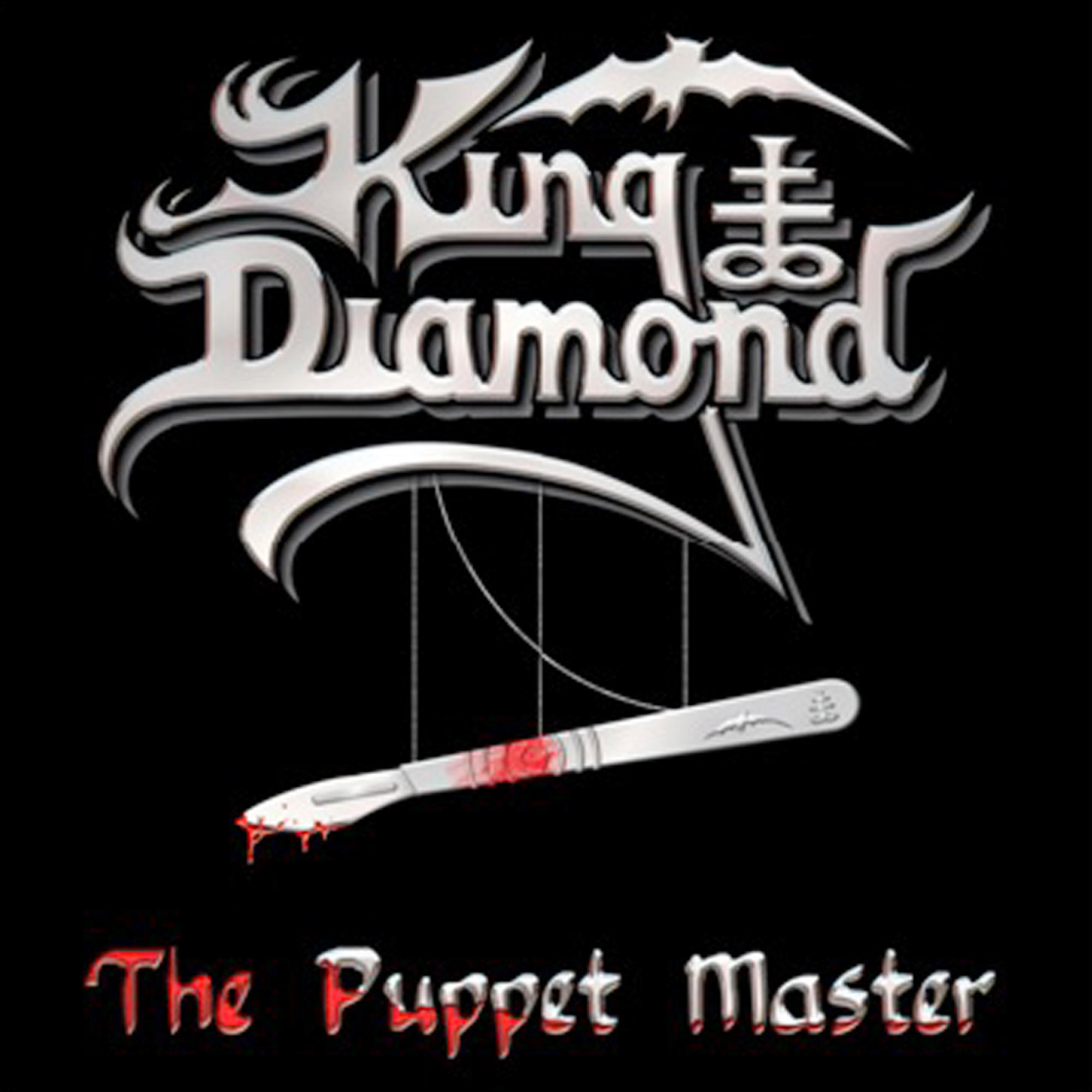 Schwarzer Hintergrund mit King Diamond Logo und Skalpell mit Blut.
