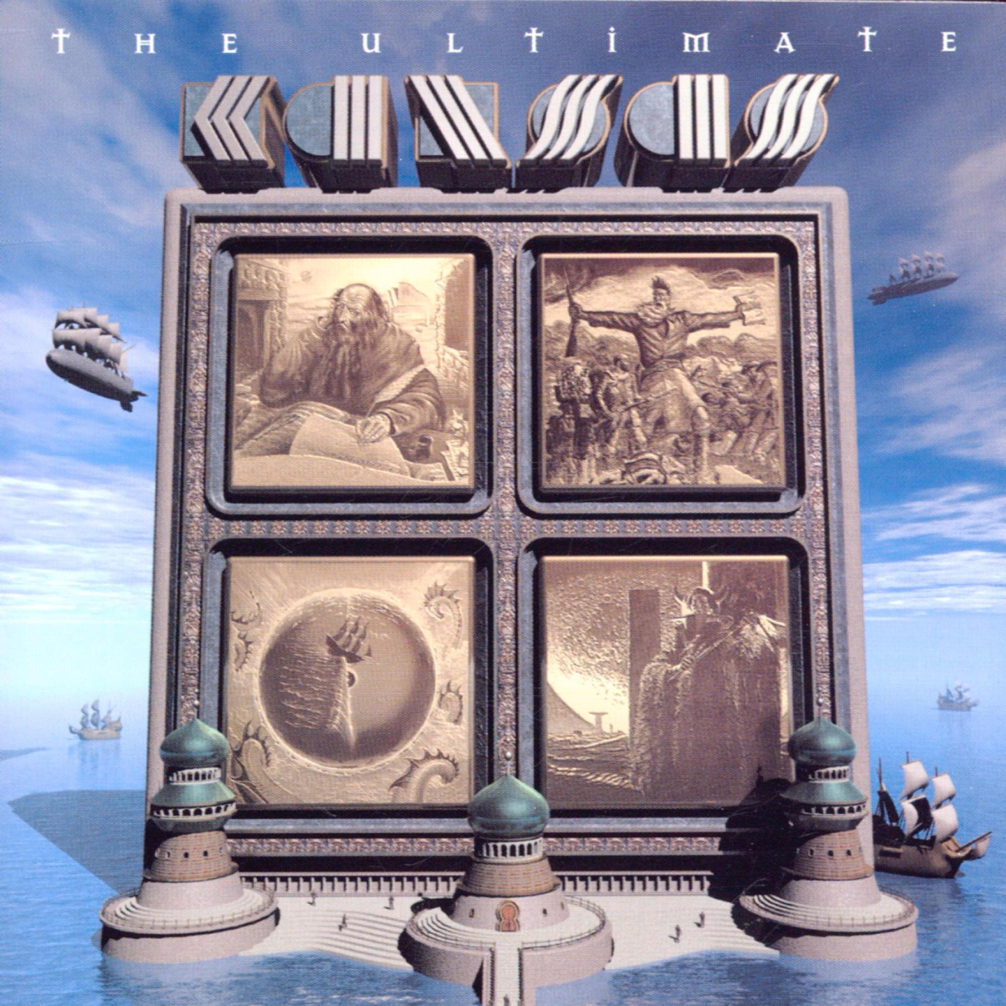 Albumcover: eine Fantasieszene. Vier Tafeln mit Illustrationen, Leuchttürmen und Schiffen auf See.