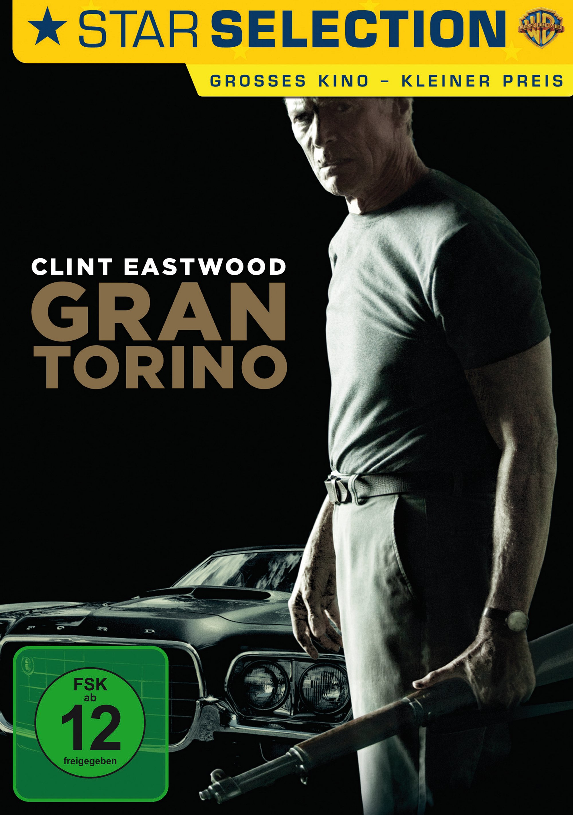 Filmplakat von "Gran Torino" mit Clint Eastwood, der neben einem schwarzen Auto steht.
