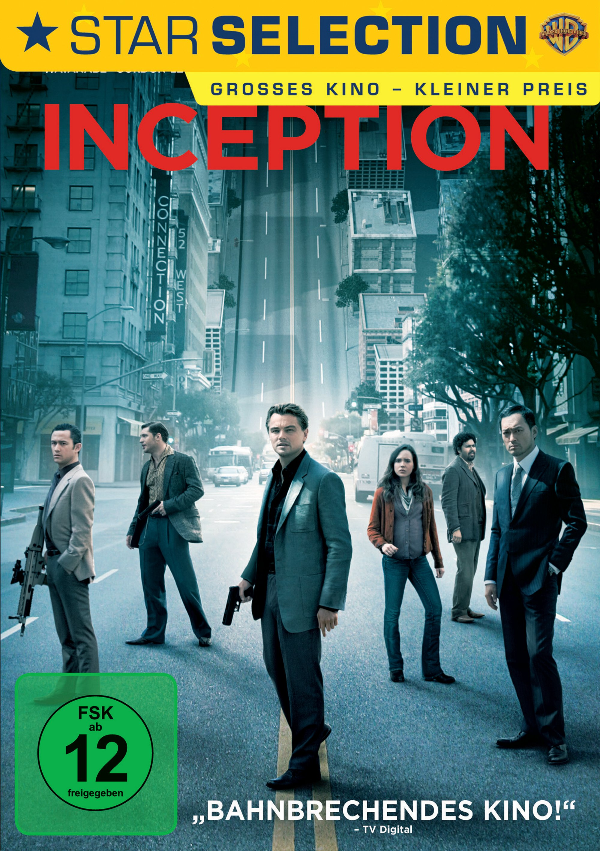 Filmposter für Inception mit Schauspielern auf einer Stadtstraße.