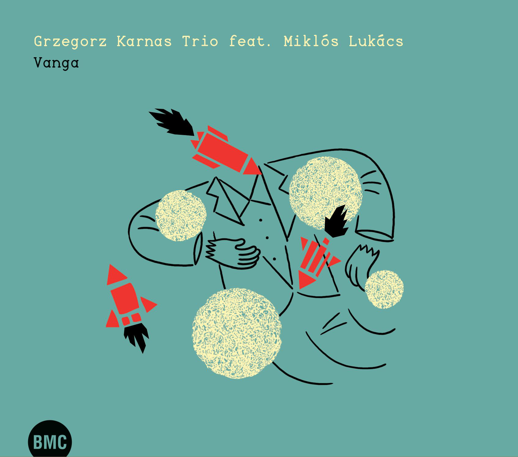 Album borító, emberi körvonallal, rakétákkal és gömbökkel. Szöveg: "Grzegorz Karnas Trio feat. Miklós Lukács - Vanga".
