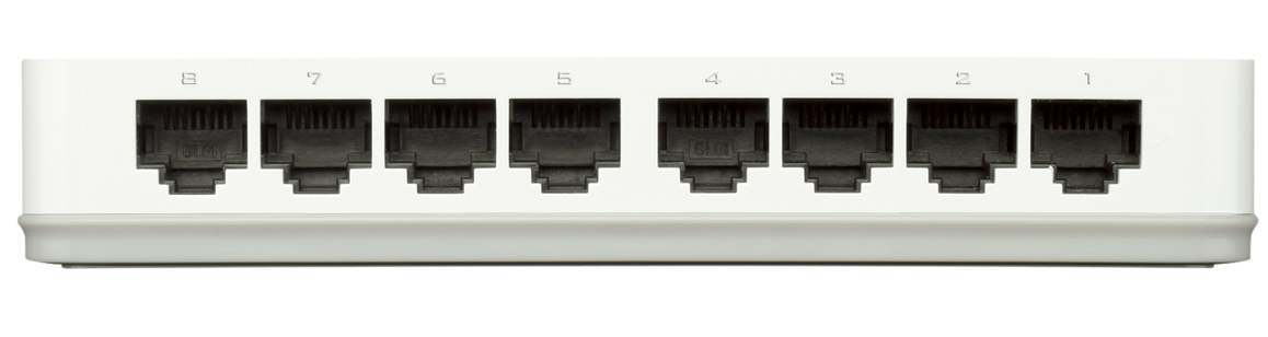 Egy fehér hálózati kapcsoló nyolc számozott Ethernet porttal. Téglalap alakú.