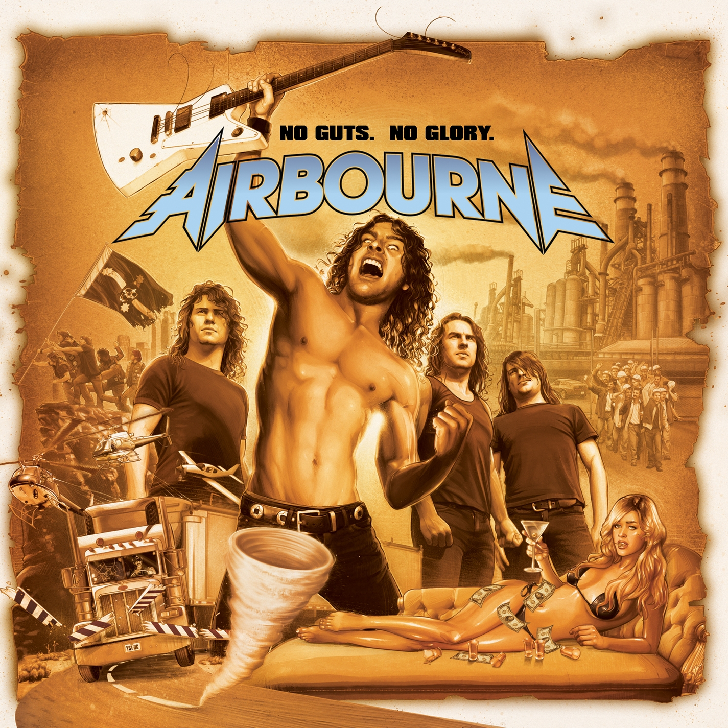 Album borító egy zenekarral, gitárral, tornádóval és egy nővel. Ipari háttér teherautóval és helikopterekkel. A szöveg: 'Airbourne'.