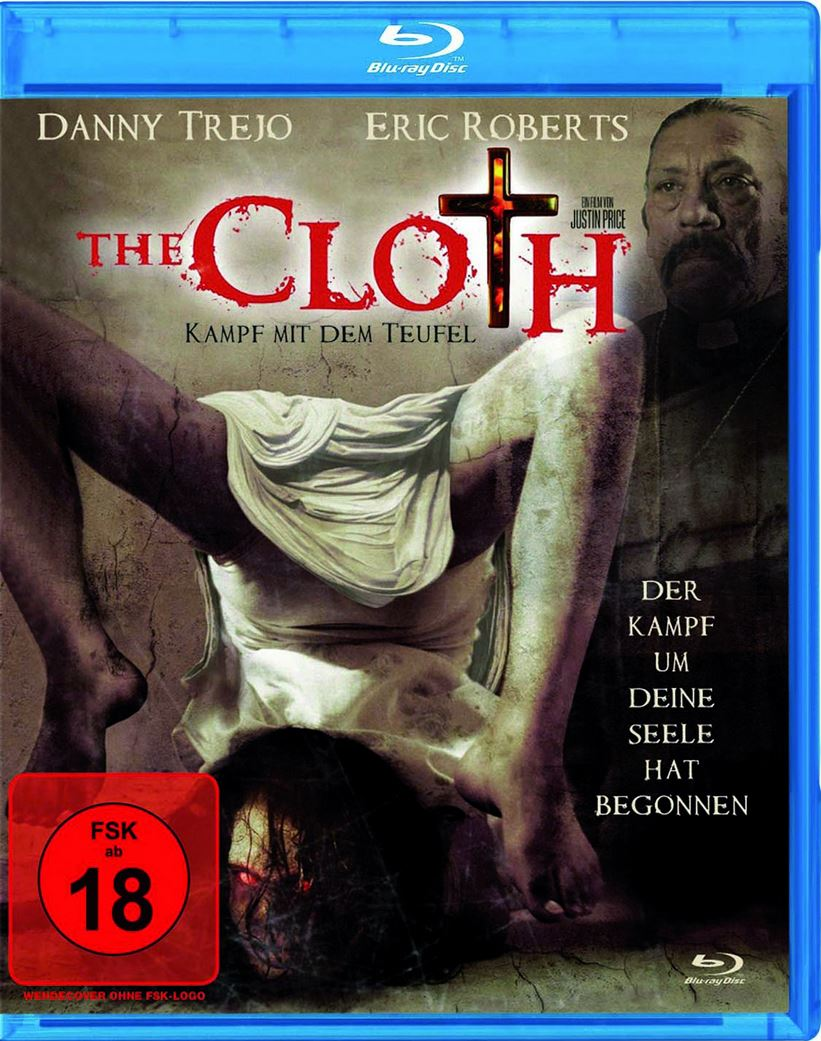 Filmcover für 'The Cloth', mit einer Frau kopfüber und einem Mann im Hintergrund.
