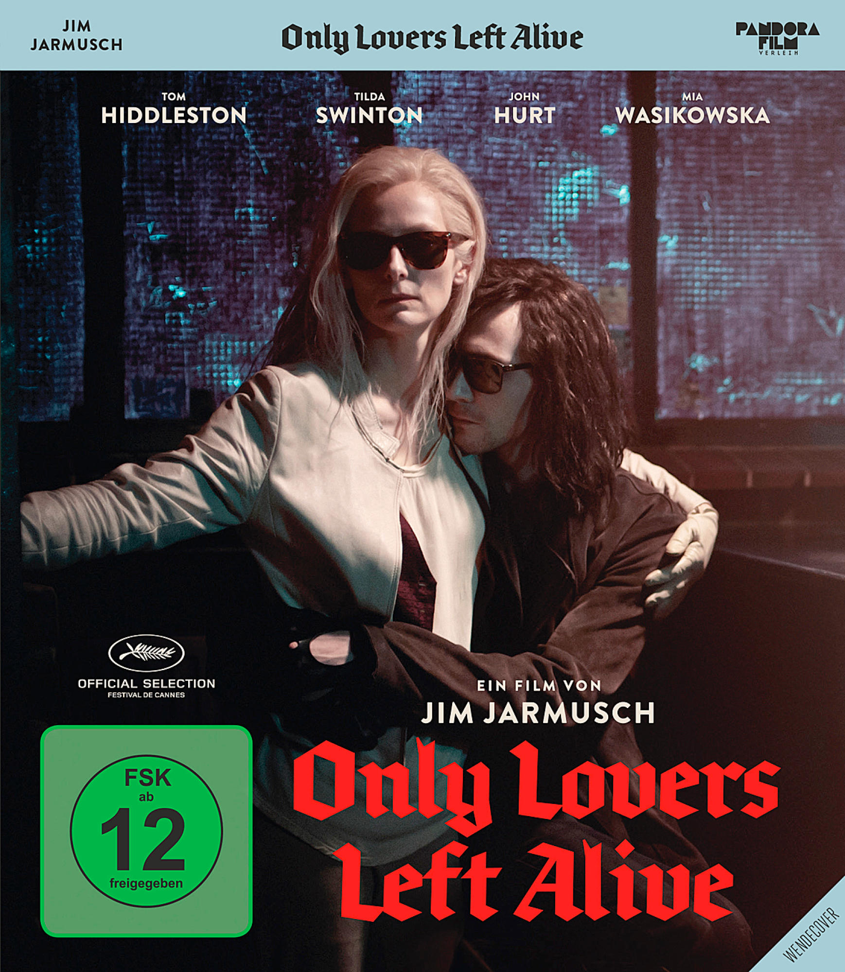 Filmcover, ein sich umarmendes Paar, der Titel 'Only Lovers Left Alive' und Schauspielernamen.