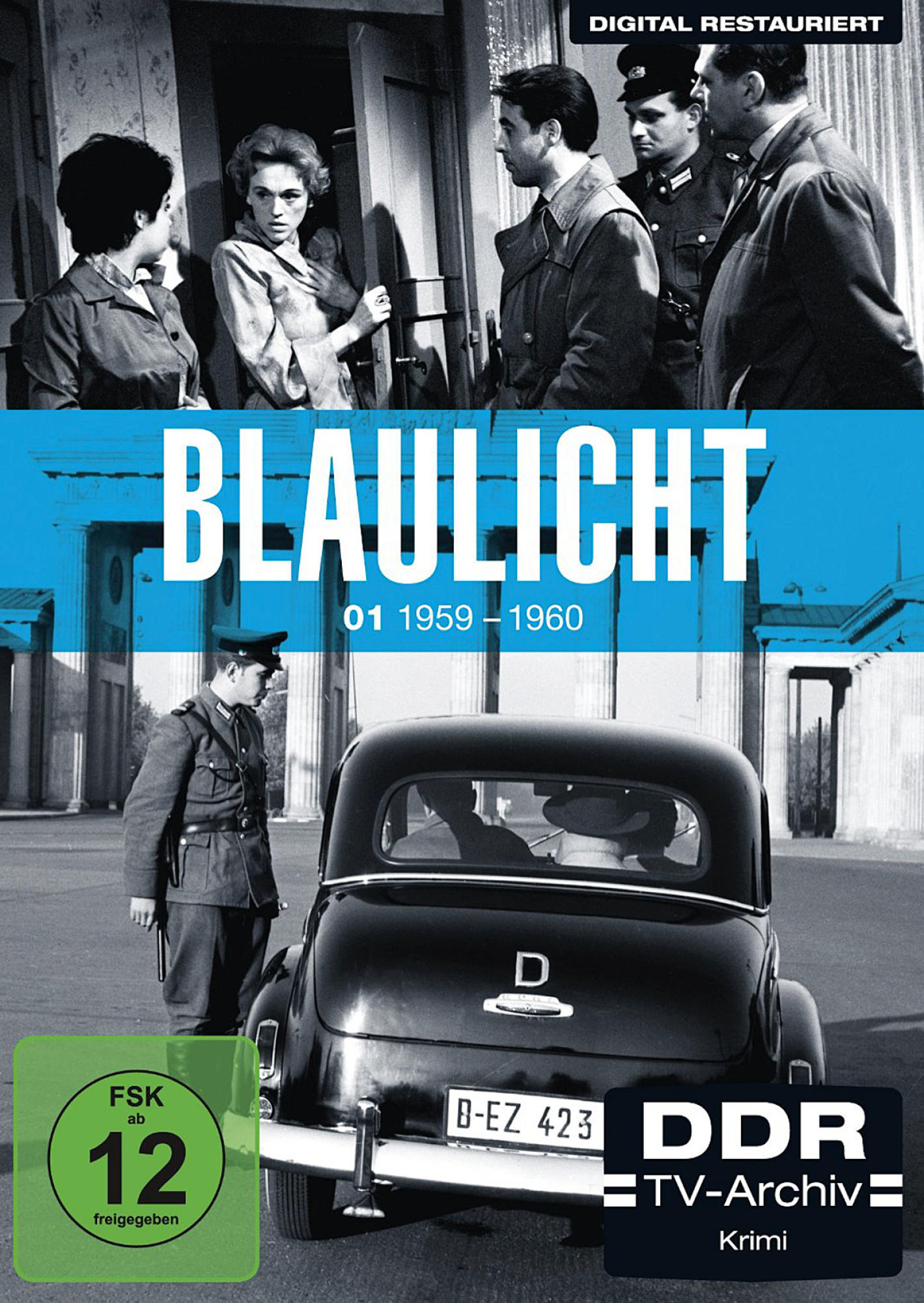 DVD-Cover für 'Blaulicht' mit Schauspielern, einem Auto und einem Polizisten in einer Schwarz-Weiß-Einstellung.