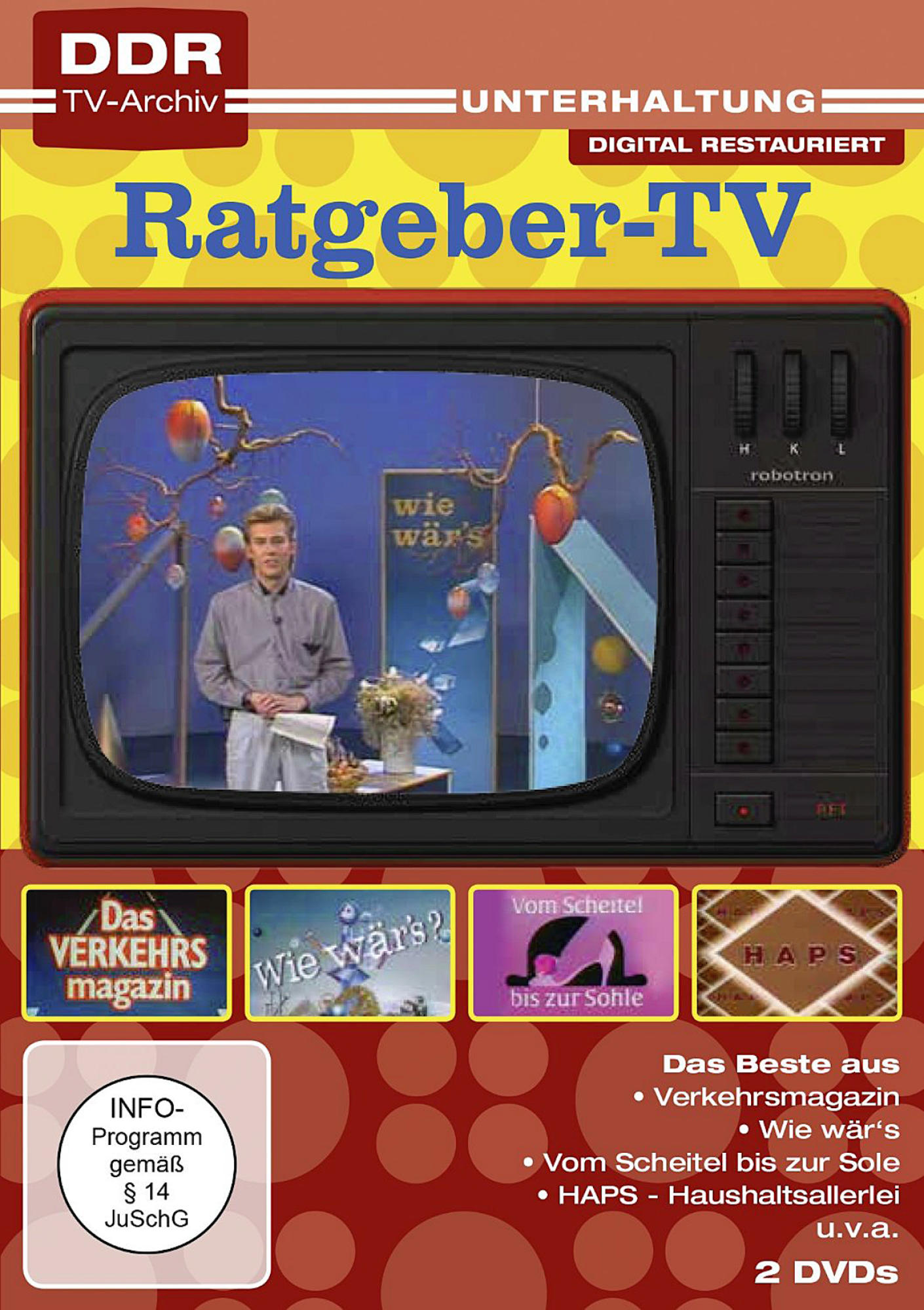 DVD-Cover. Ein Retro-TV mit einem Mann auf dem Bildschirm und eine Reihe kleiner Bilder unter dem TV.