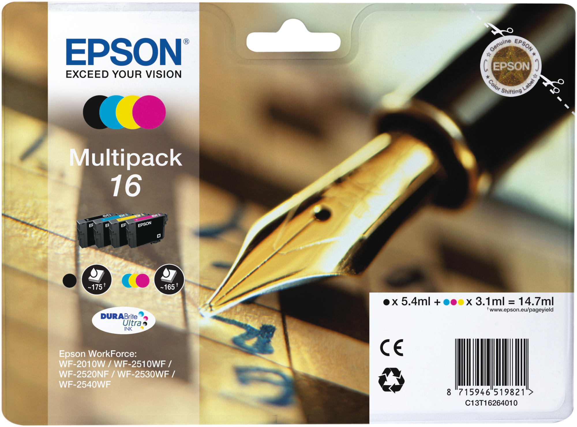 Epson Tintenpatronenpackung mit Stift und Papier.