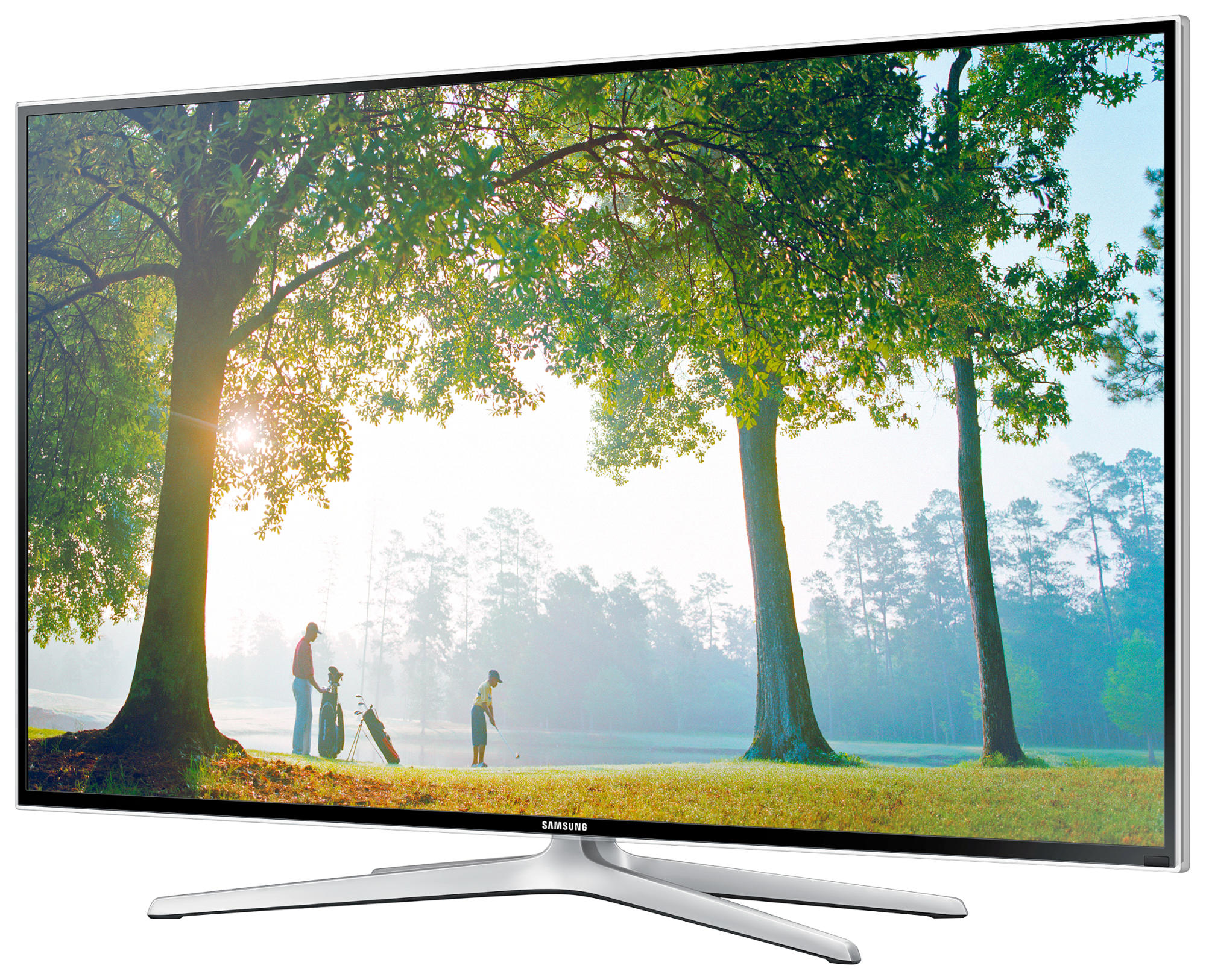 Una pantalla de TV Samsung muestra una escena de campo de golf. Se ven dos golfistas y árboles.