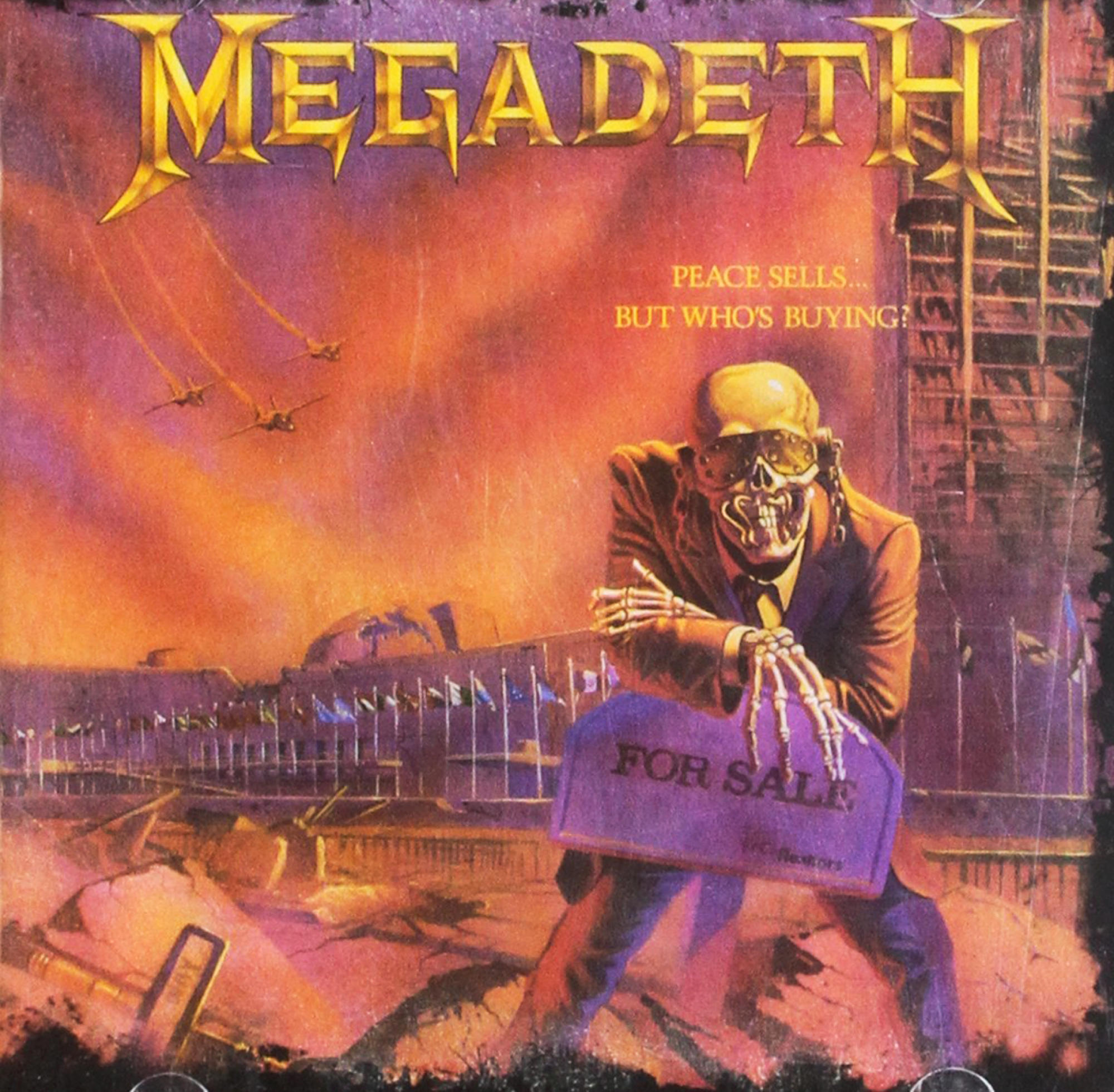 Albumcover von Megadeth. Ein Skelett im Anzug hält ein Schild.