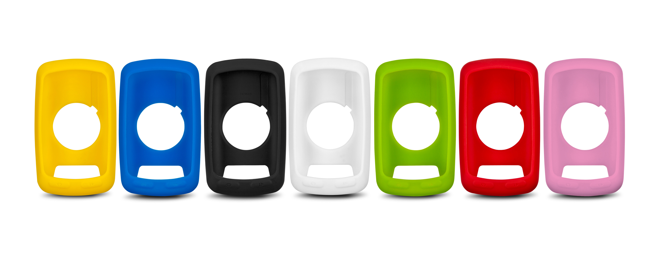 Set aus sieben farbenfrohen Silikonhüllen für ein GPS-Gerät. Farben: gelb, blau, schwarz, weiß, grün, rot, pink.