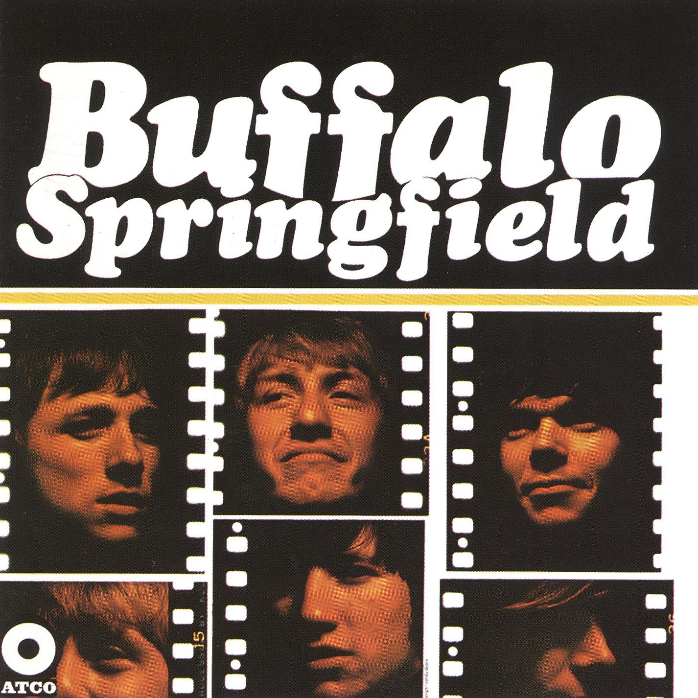 Album borító a zenekar tagjainak arcával filmszalagokon, a 'Buffalo Springfield' zenekar nevével nagy fehér betűkkel.