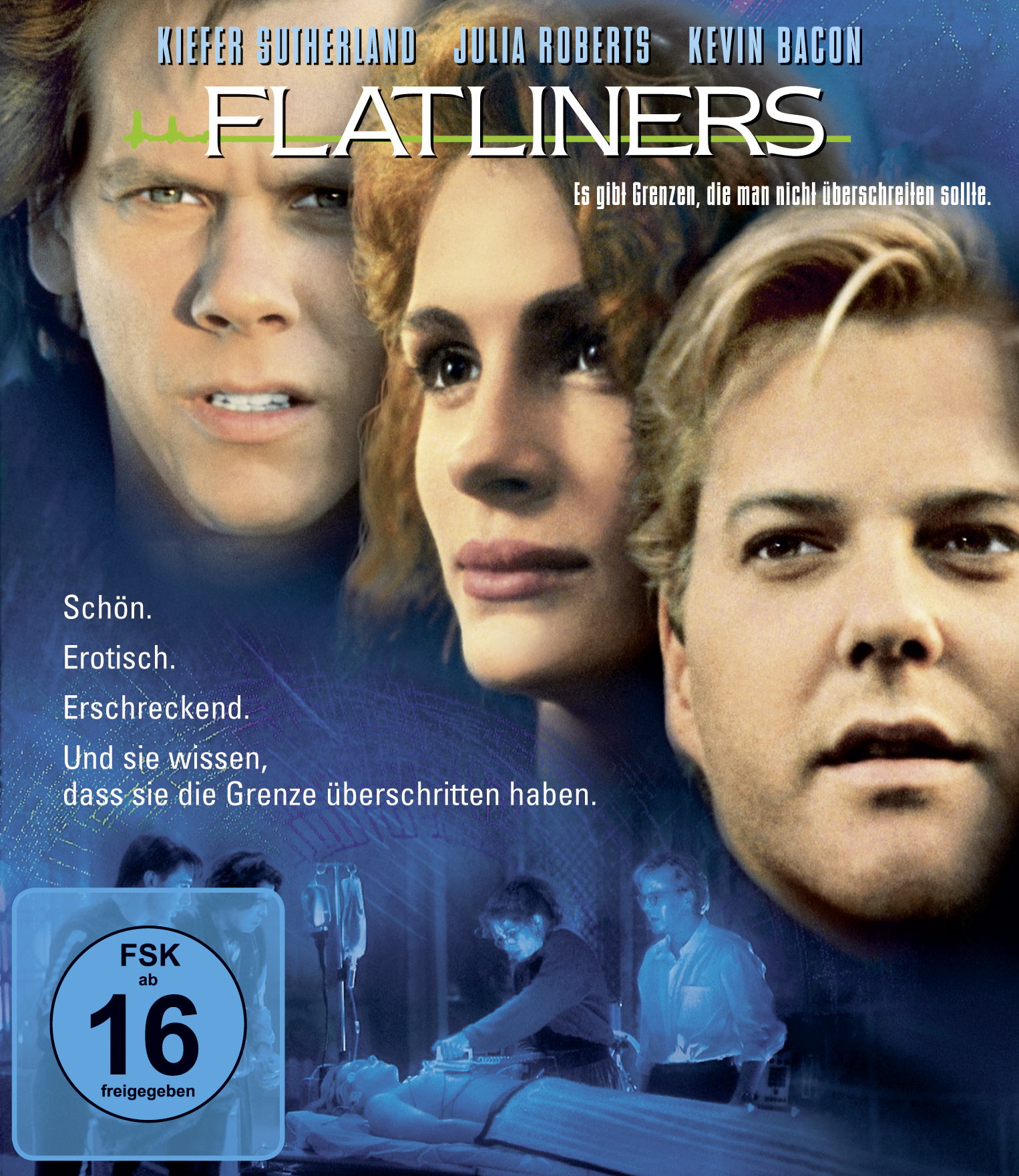 Filmposter. Kiefer Sutherland, Julia Roberts und Kevin Bacon auf dem Cover. Text: 'Flatliners'.