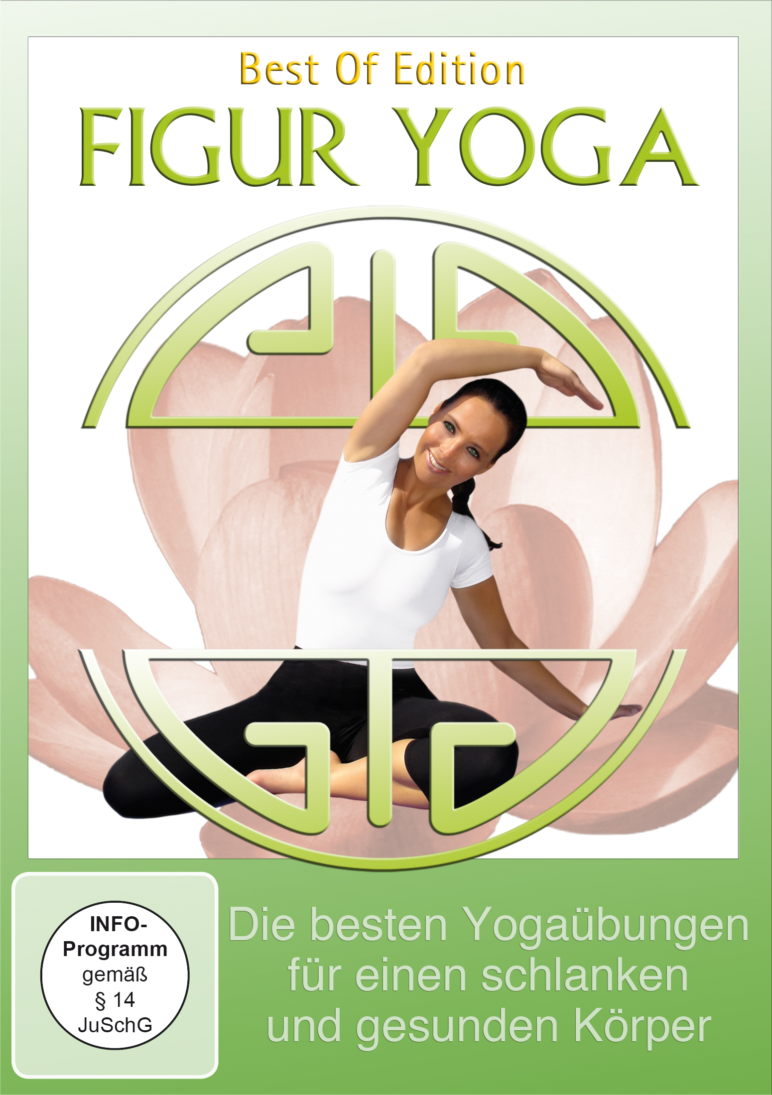 Cover einer DVD, Frau in Yoga-Pose. Text lautet 'Figur Yoga'. Grün und rosa Farben.