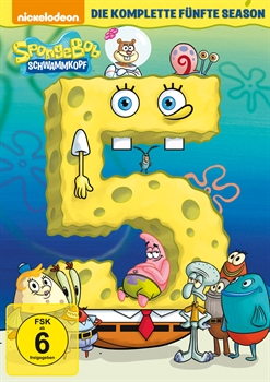 SpongeBob DVD-Cover mit Figuren, großer Zahl 5 und blauem Hintergrund.