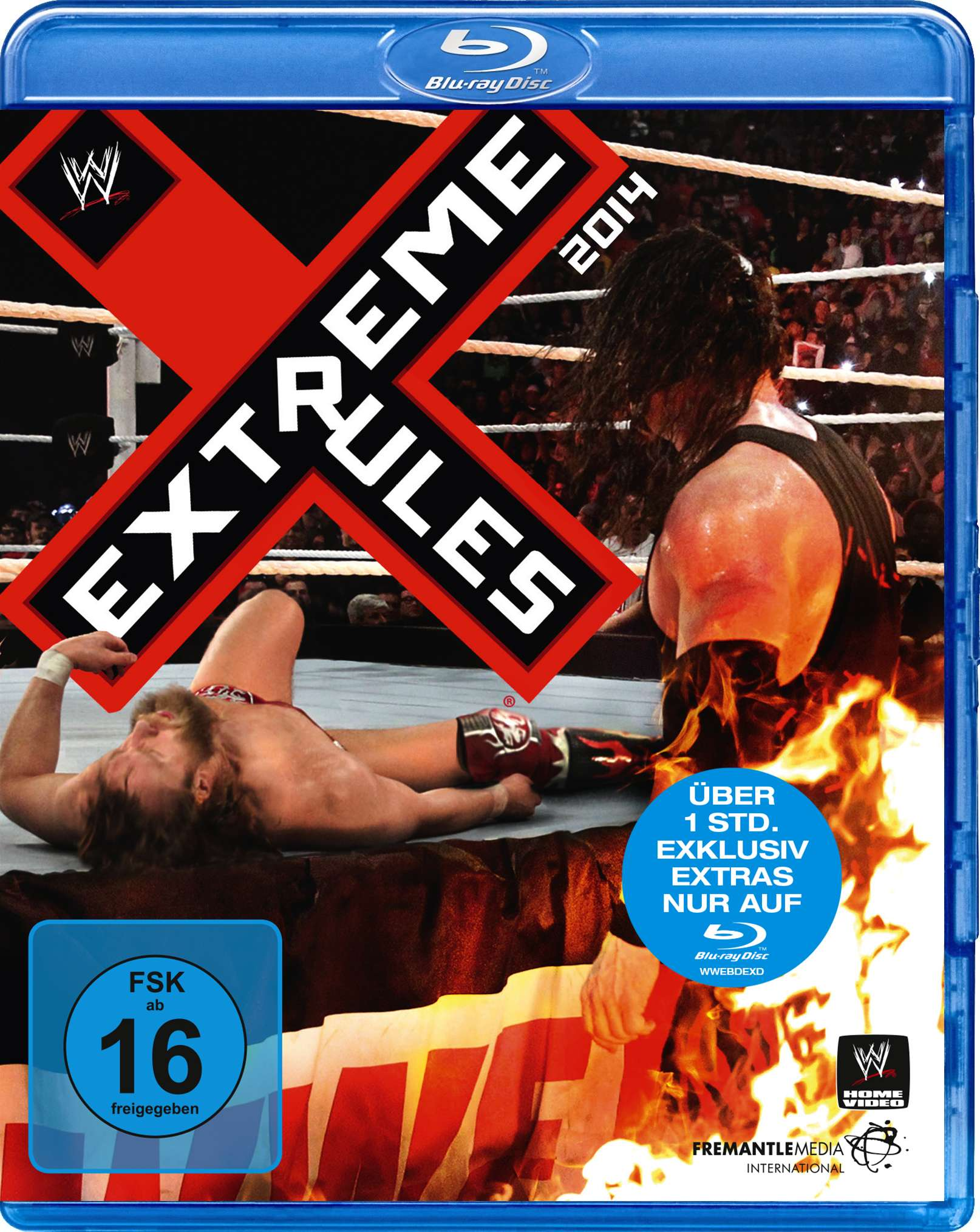 WWE Extreme Rules 2014 Blu-ray Disc Cover mit Wrestlern, Flammen und Text.