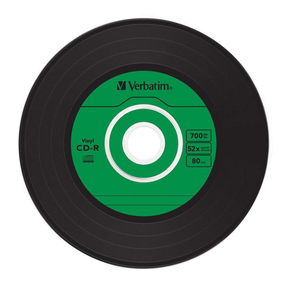 Vinyl CD-R-Disc, schwarz mit grünem Etikett und weißem Text. Das Verbatim-Logo ist darauf.