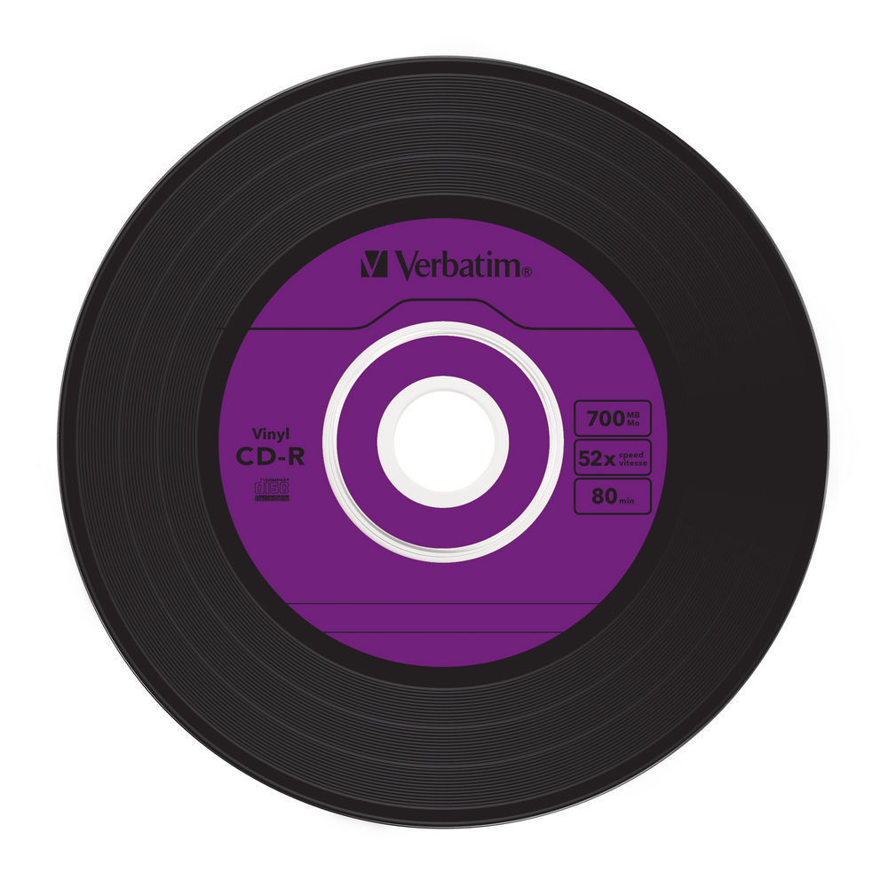 Eine schwarze Vinyl-CD-R-Disc. Sie hat ein lila Etikett mit weißem Text und ein mittiges Loch.