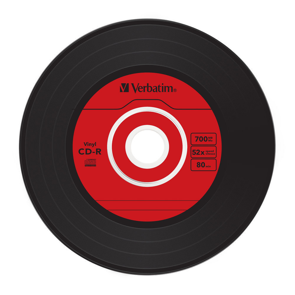Eine schwarze CD-R-Disc mit rotem Mittellabel und weißem Text.