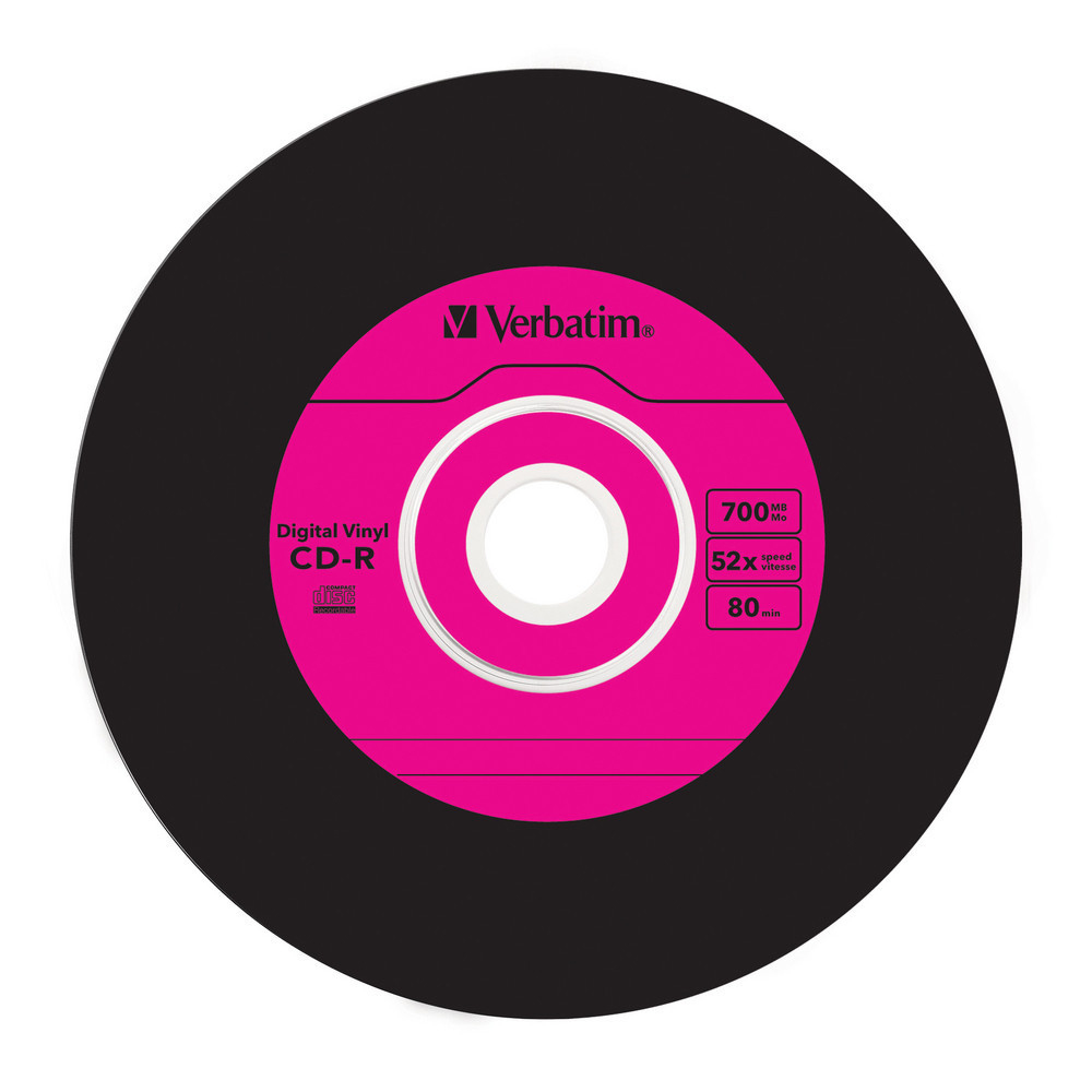 Schwarze CD-R Disc mit pinkfarbenem Zentrum, weißem Innenkreis, Verbatim Logo.