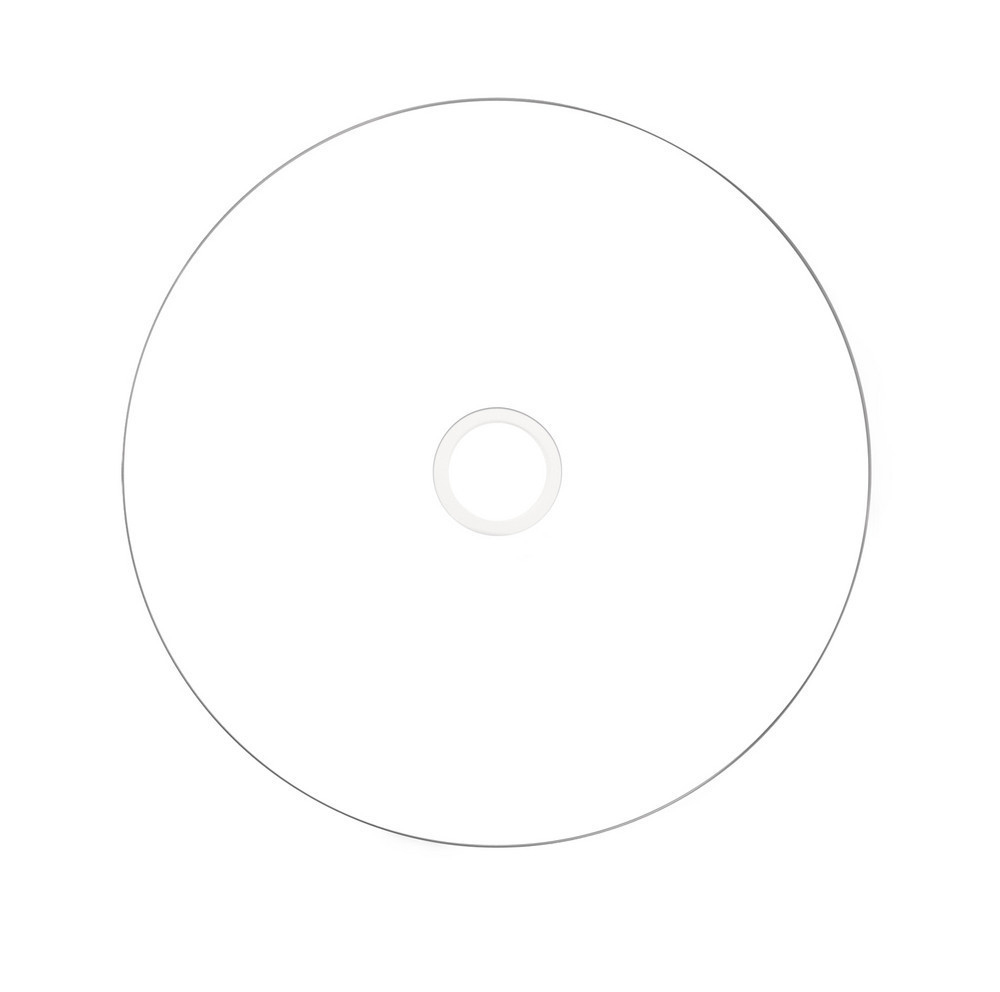 Eine leere CD mit silbernem Rand und weißem Mittelpunkt.