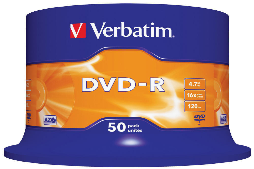 Verbatim DVD-R Disc-Verpackung. Die Verpackung ist blau mit orangefarbenen Akzenten und Text.