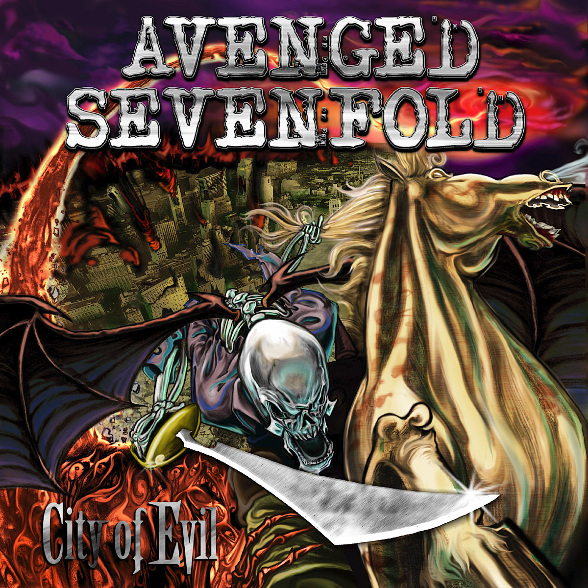 Albumcover mit Totenkopf, der ein Pferd reitet, Stadt in Flammen und Text: Avenged Sevenfold - City of Evil.