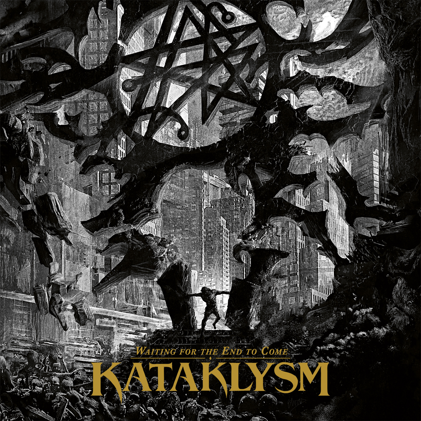 Albumcover, Schwarzweiß. Zeigt eine Stadtlandschaft und ein dunkles, abstraktes Design. Titel: Kataklysm.
