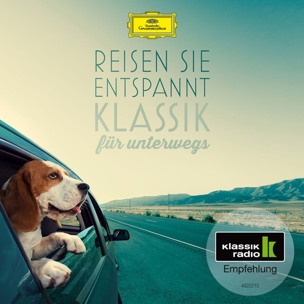 Ein Hund in einem Auto fährt auf der Straße mit Text am Himmel.