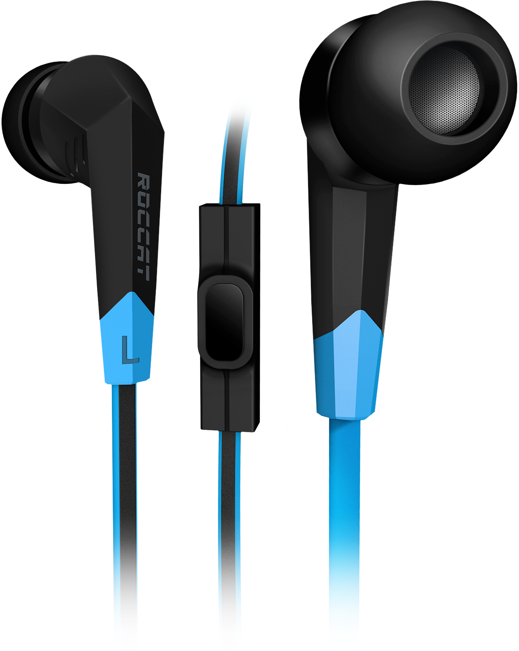 Kopfhörer mit schwarzen und blauen Akzenten. Am Kabel befindet sich eine Fernbedienung.
