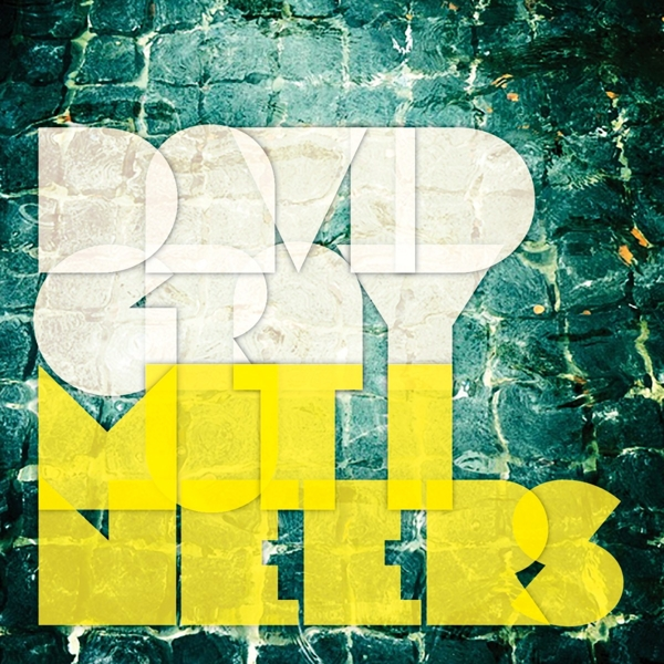 Albumcover, 'David Gray' in geometrischen Formen über Wasser, mit dem Titel 'Mutineers' in Gelb.