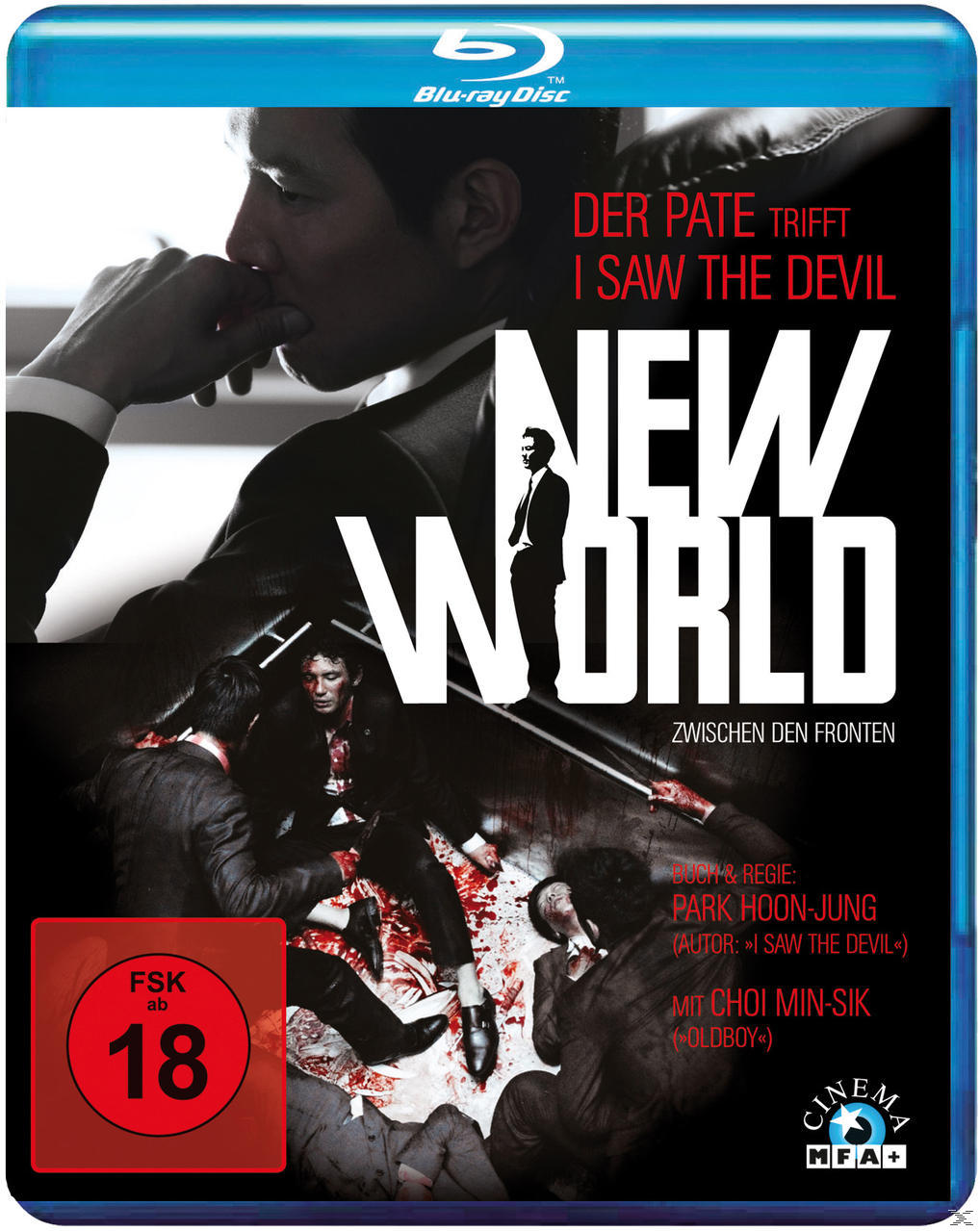 Blu-ray-Cover, Filmszene mit einem Mann, der nach unten schaut, Text in Weiß, FSK 18 Logo.