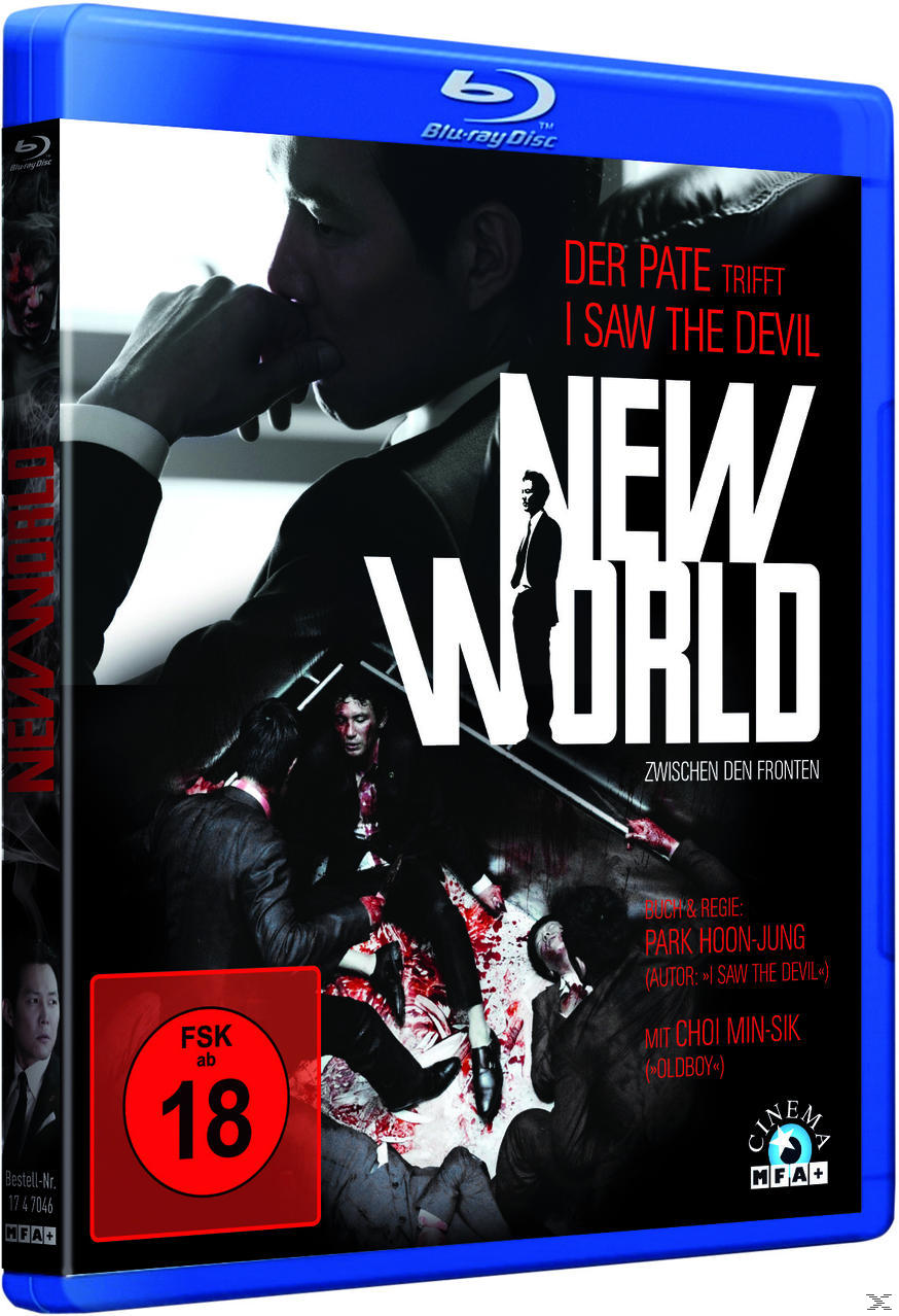 Blu-ray-Cover: 'New World', mit einem Mann im Anzug, Blut und einem roten Aufkleber.