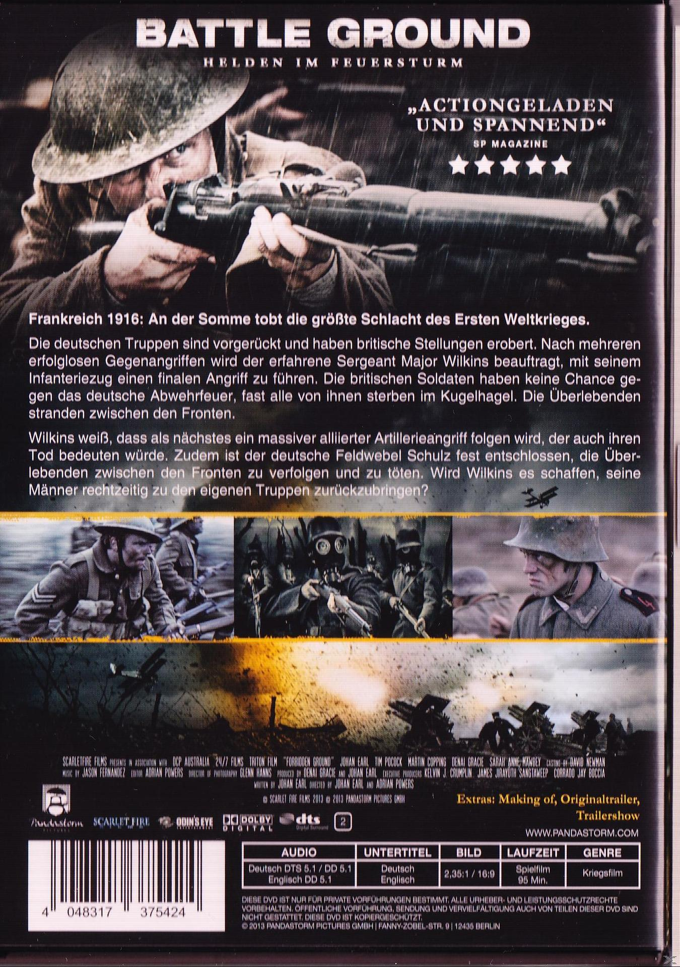 DVD-Cover für 'Battle Ground' mit Soldaten und einer Schlachtfeldszene. Text und ein Magazin-Logo sind sichtbar.