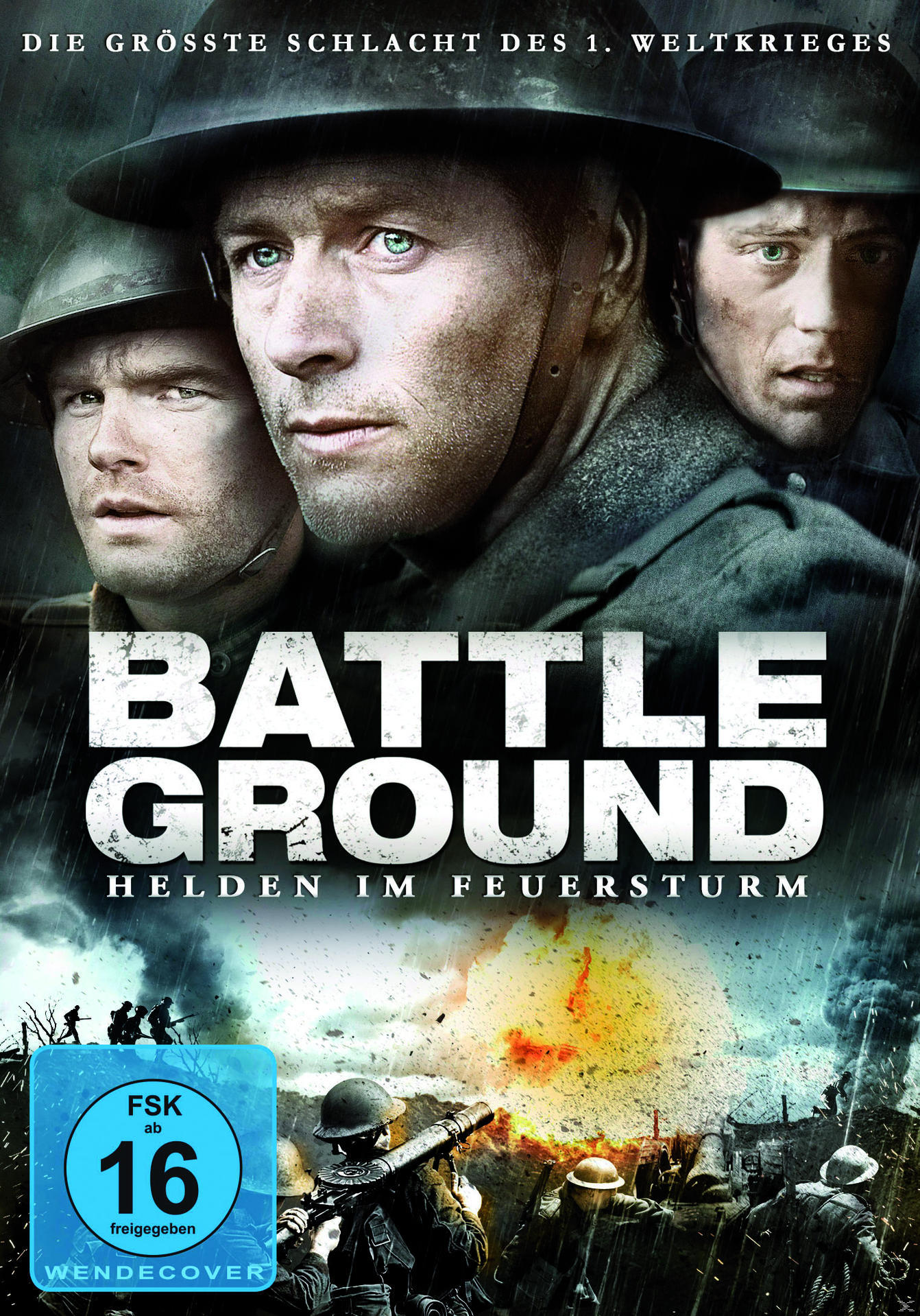 Filmplakat: Soldaten in einer Kriegsszene mit dem Titel "Battleground" und deutschem Text.