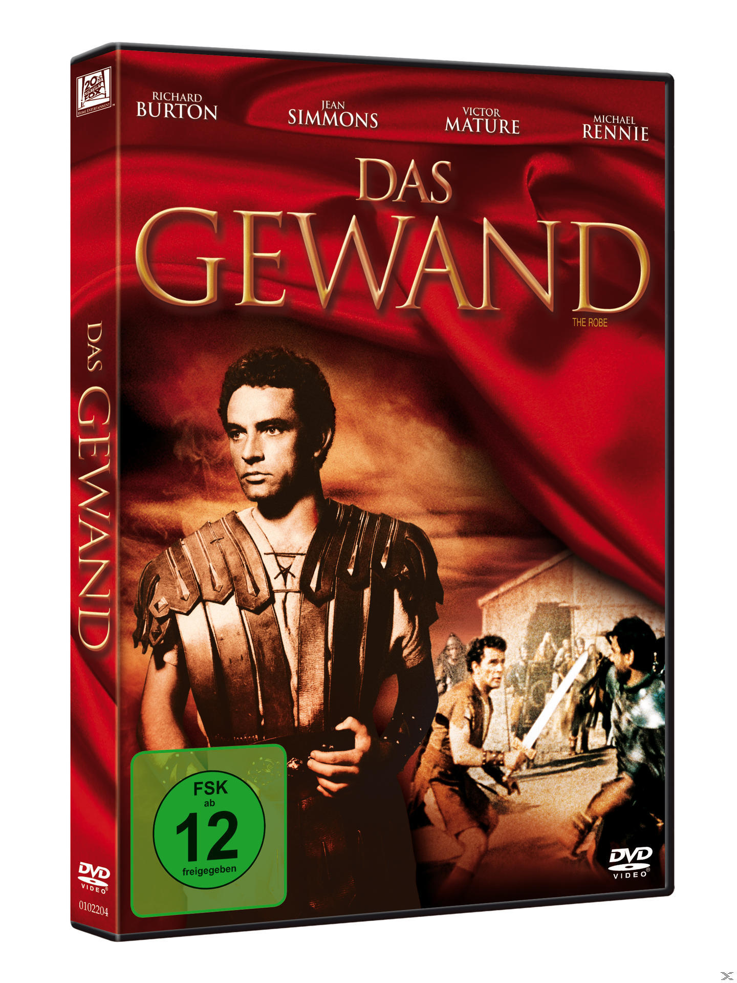 DVD-Hülle für den Film „Das Gewand“. Das Cover zeigt einen Mann in römischer Kleidung.