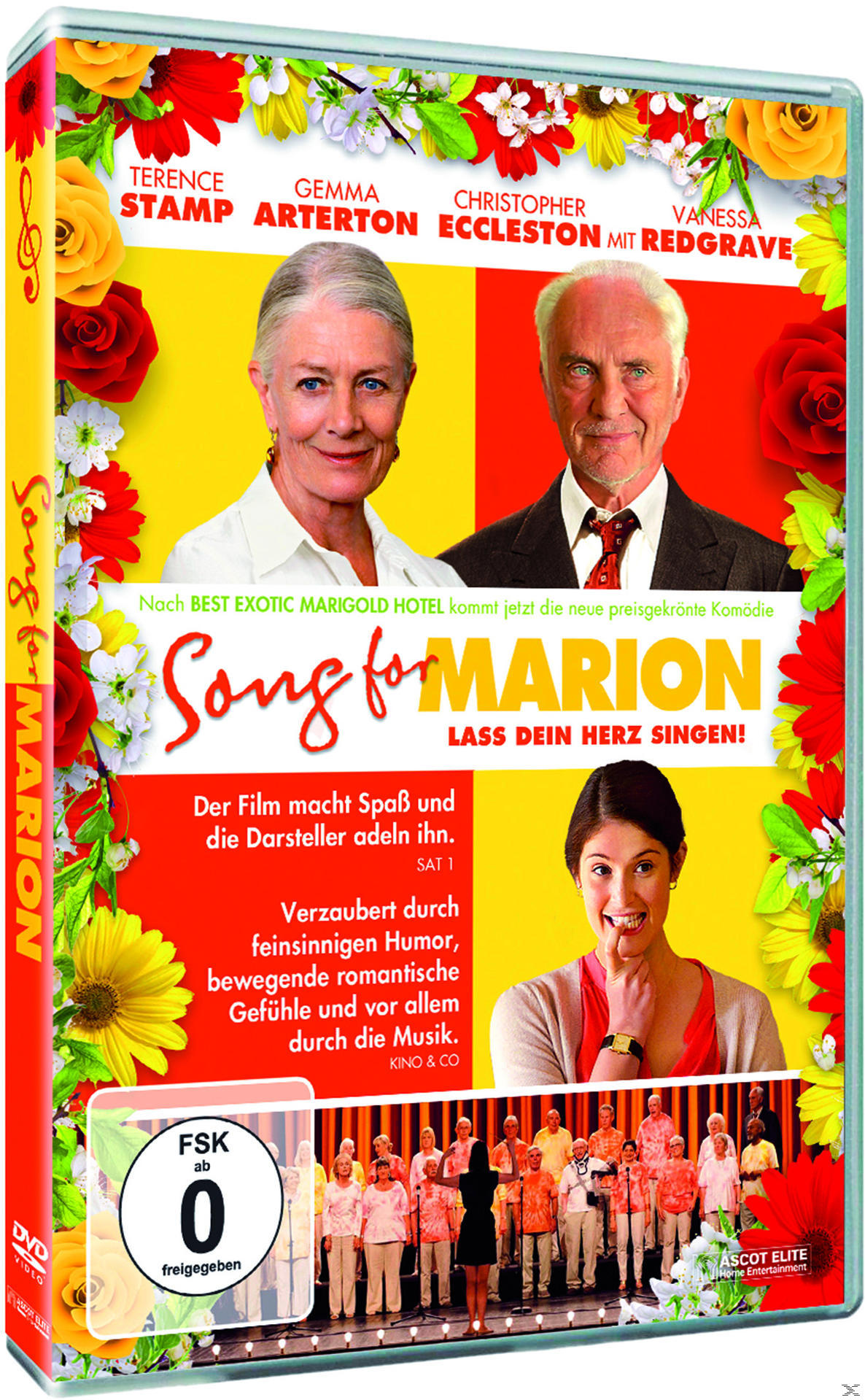 DVD-Cover mit einer Gruppe von Menschen und floralen Elementen. Der Titel lautet 'Song for Marion'.
