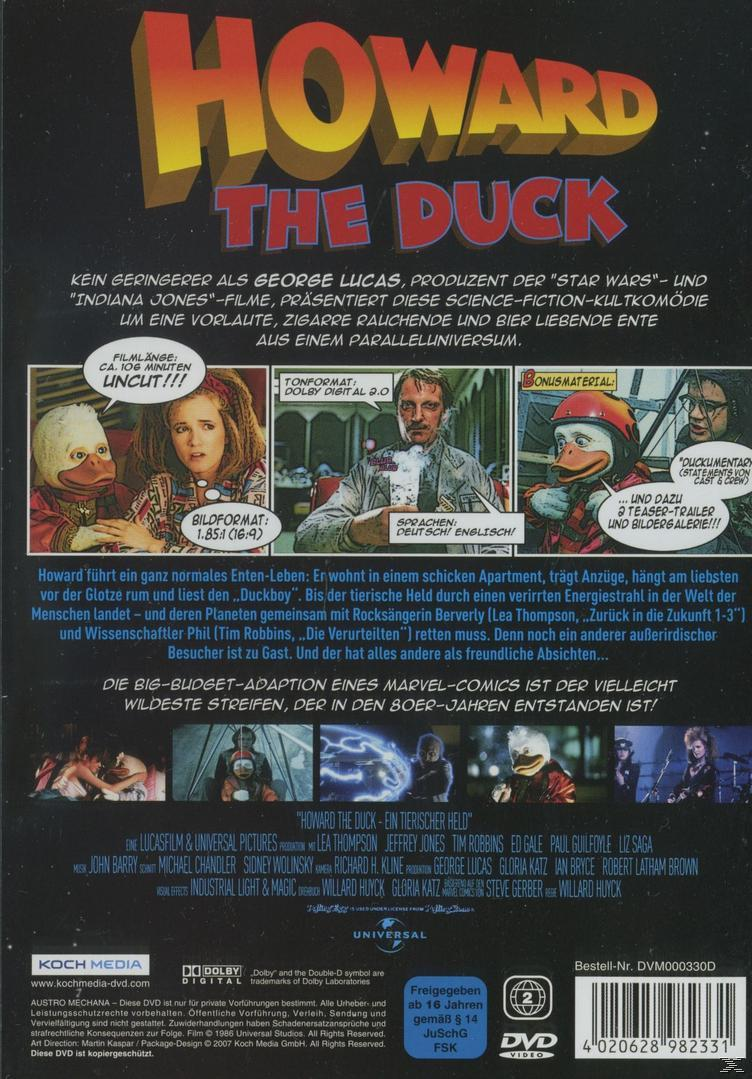 DVD-Hülle hinten: Illustration einer Ente, Text über den Film "Howard the Duck" und Bilder von Schauspielern.