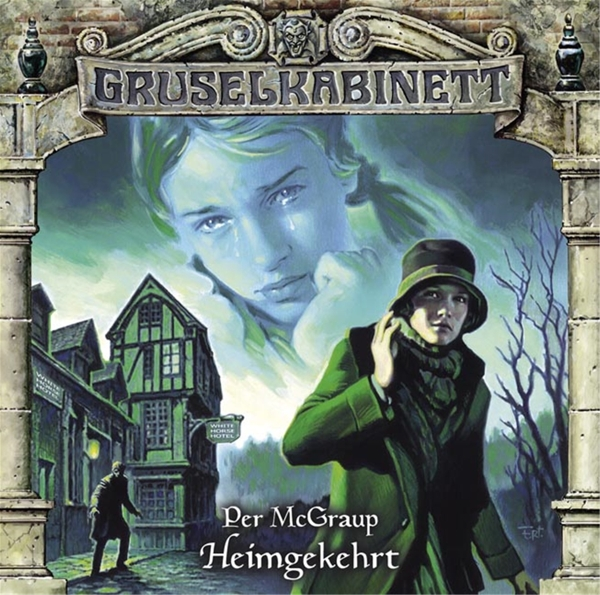 Buchcover. Ein Mädchen weint im Nebel. Ein Mann im Mantel steht im Hintergrund. Grüner Hintergrund.