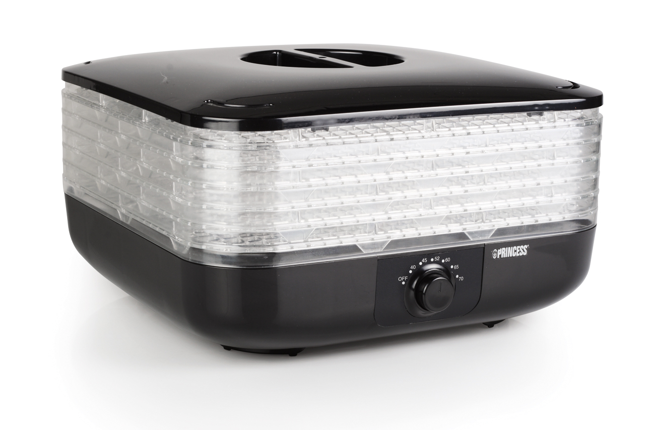 Zwarte voedseldroger met meerdere transparante trays, bedieningsknop. Merk Princess.