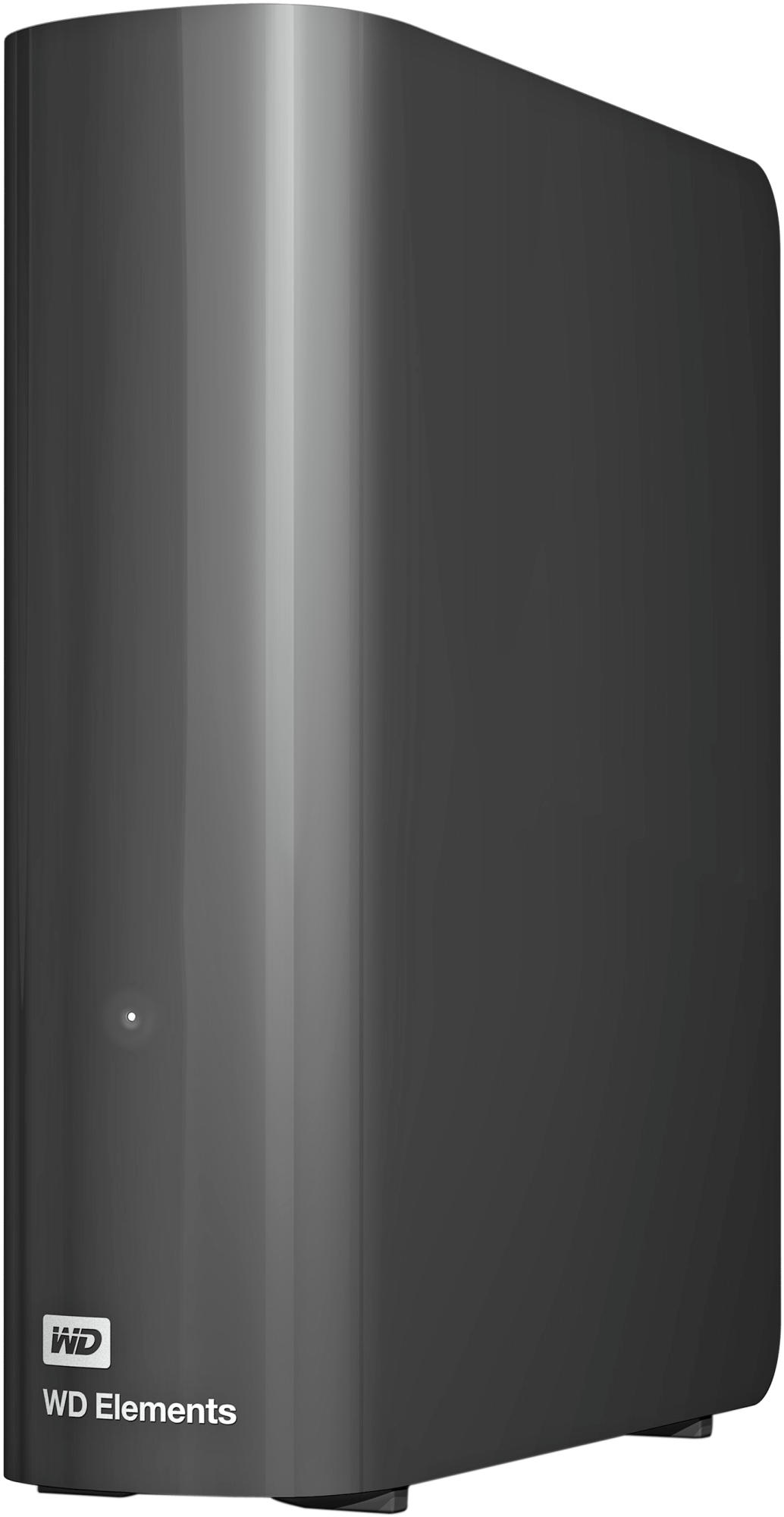Black WD Elements external hard drive.  Black, curved, rectangular shape.  White WD logo and light.