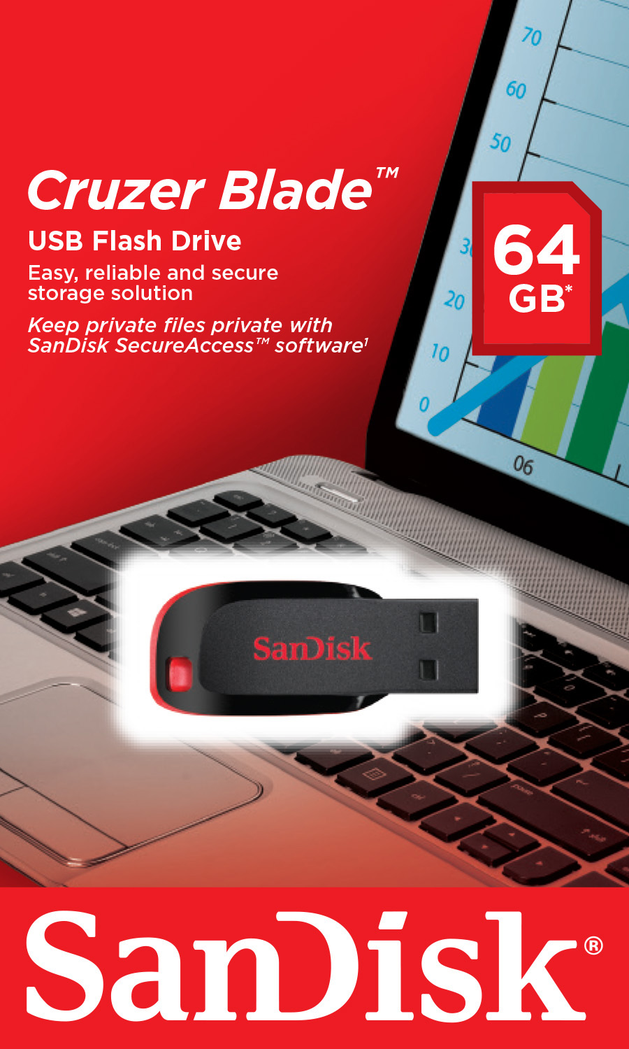 SanDisk Cruzer Blade USB-Stick. Rotes und schwarzes Design mit den Worten '64 GB'.