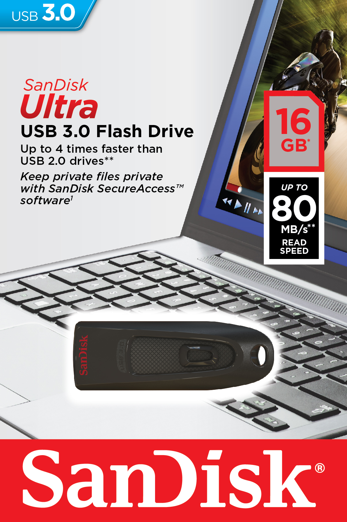 SanDisk Ultra USB 3.0 Flash-Laufwerk. Schwarzes und rotes Design mit den Worten '16 GB'.